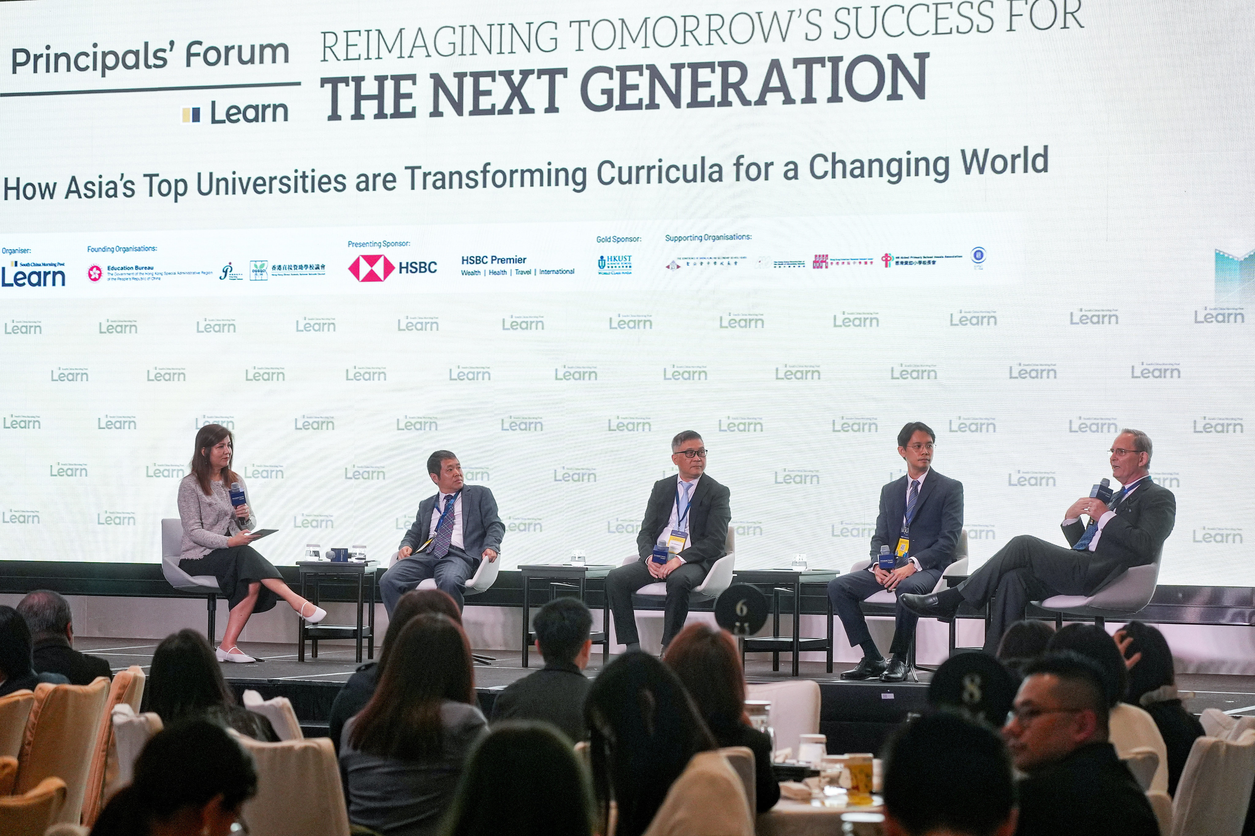(Left to right) Zuraidah Ibrahim, executive managing editor of the South China Morning Post; Professor Pengfei Wang, dean of the Peking University HSBC Business School; Professor Guandong Xu, assistant vice president (Al and education innovation) at the Education University of Hong Kong; Professor Tat Koon Koh, associate dean of business and management at the Hong Kong University of Science and Tecnology, and professor Jay Siegel, vice-president and pro-vice-chancellor (teaching and learning) at the University of Hong Kong took part in a panel discussion called “How Asia’s Top Universities are Transforming Curricula for a Changing World” at the Hong Kong Principals’ Forum 2025. Photo: Elson Li