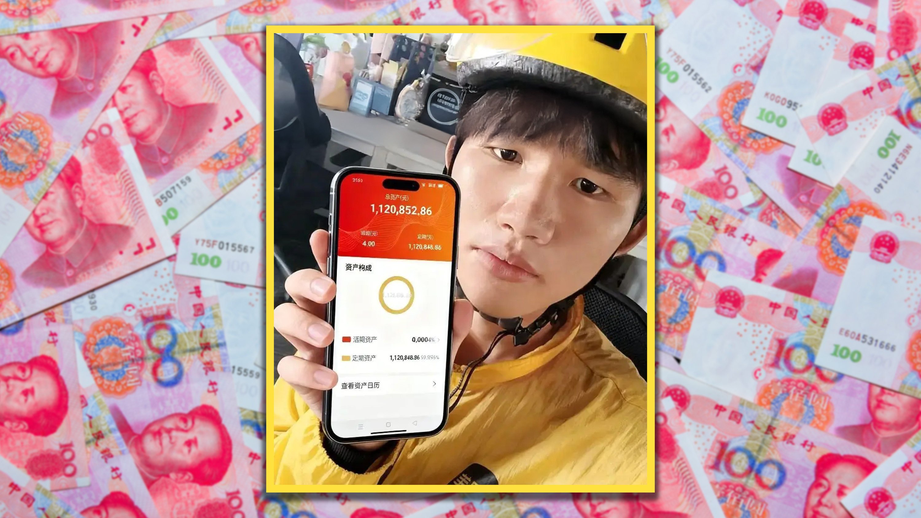 A 25-year-old food delivery rider in China who has saved US$160,000 over five years says he is proud of his hard work and ability to pay off debts. Photo: SCMP composite/Shutterstock/Douyin