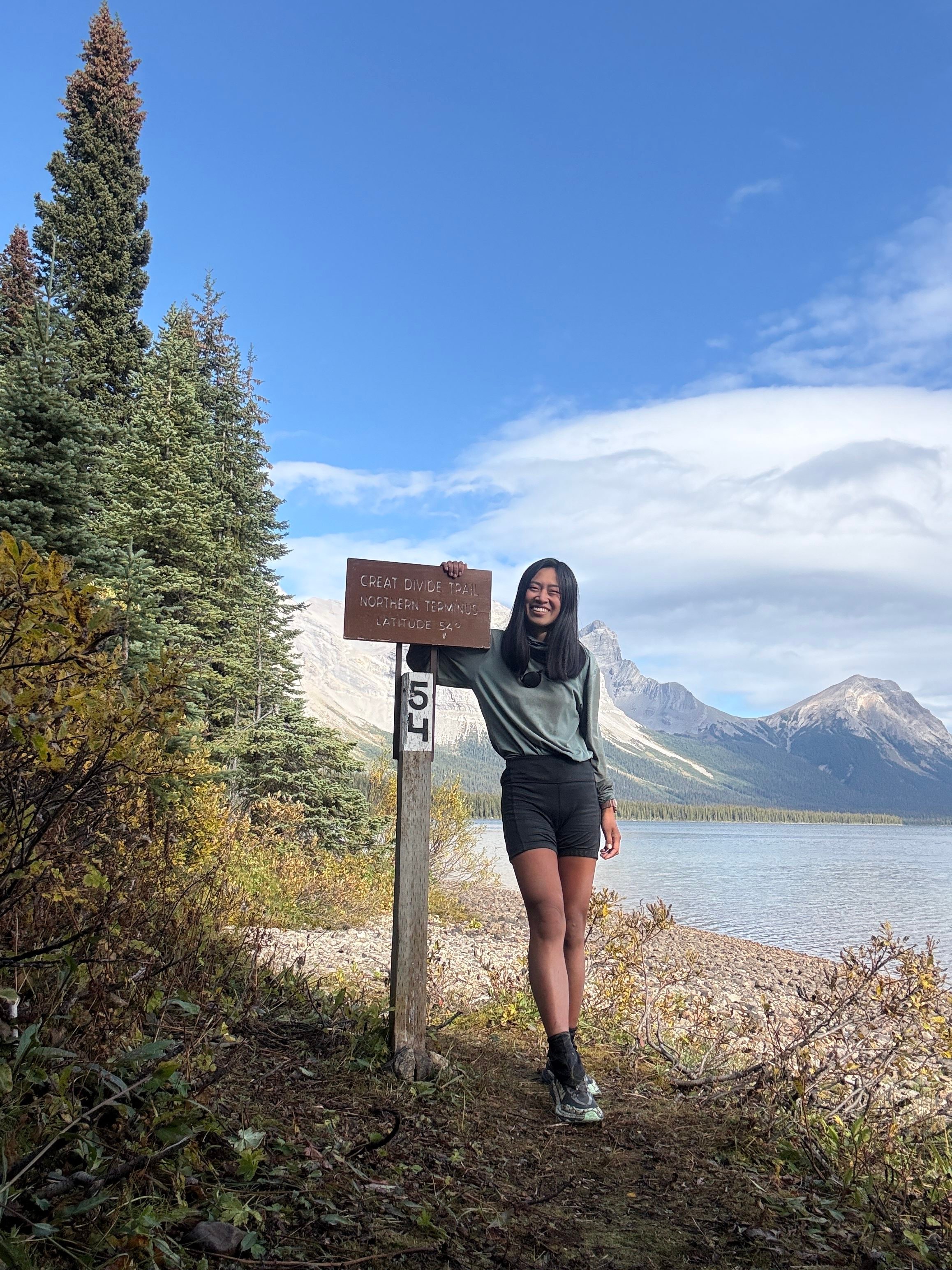 Jessica Guo quit her job to hike across America. Her trek ended on September 19, at the northern terminus of the Great Divide Trail, at the Kakwa Lake terminus marker for the 54th parallel in Kakwa Provincial Park in British Columbia, Canada. Photo: Jessica Guo