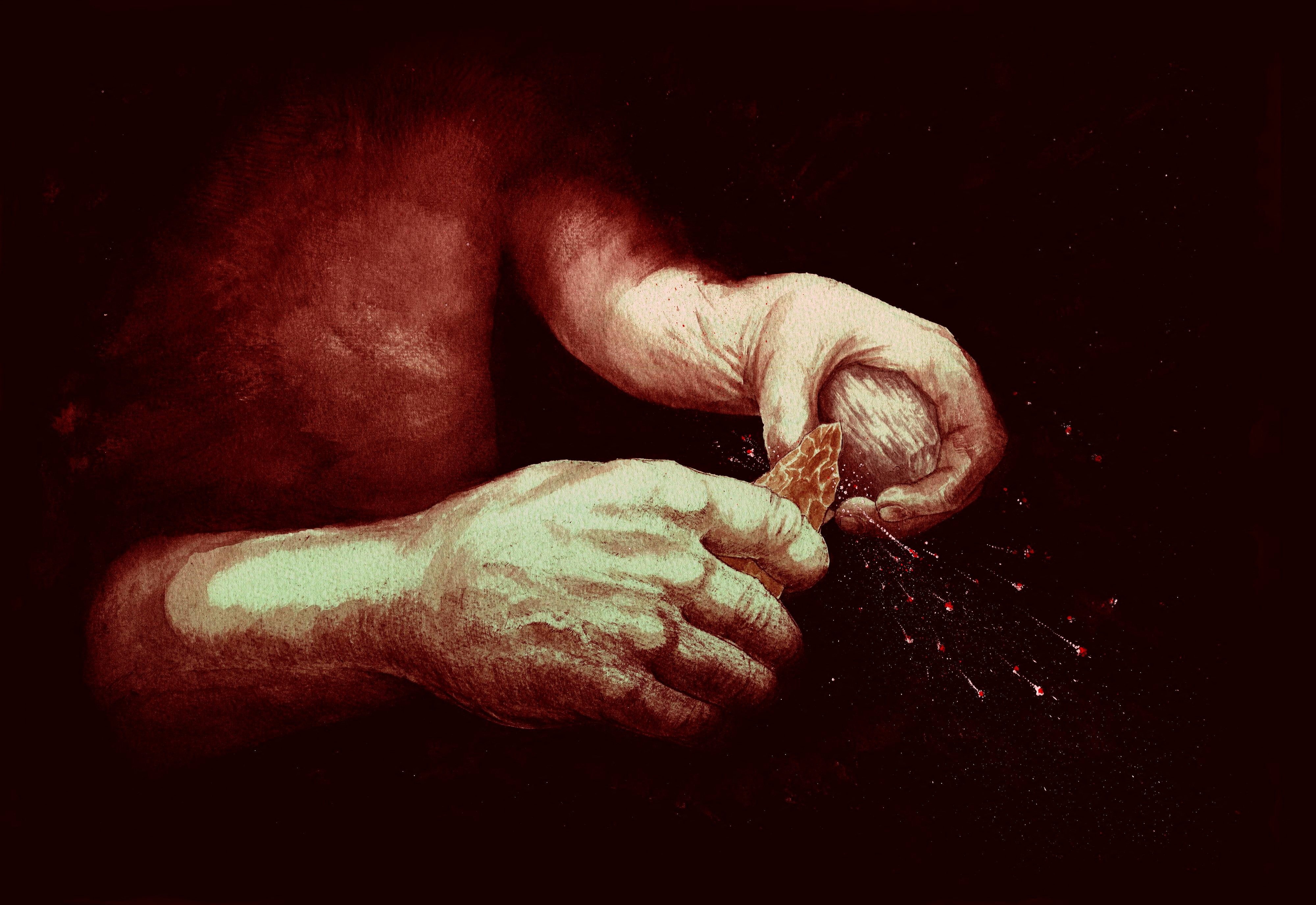 An artist’s impression shows sparks being produced with flint and pyrite. Image: Craig Williams/The Trustees of the British Museum via Reuters