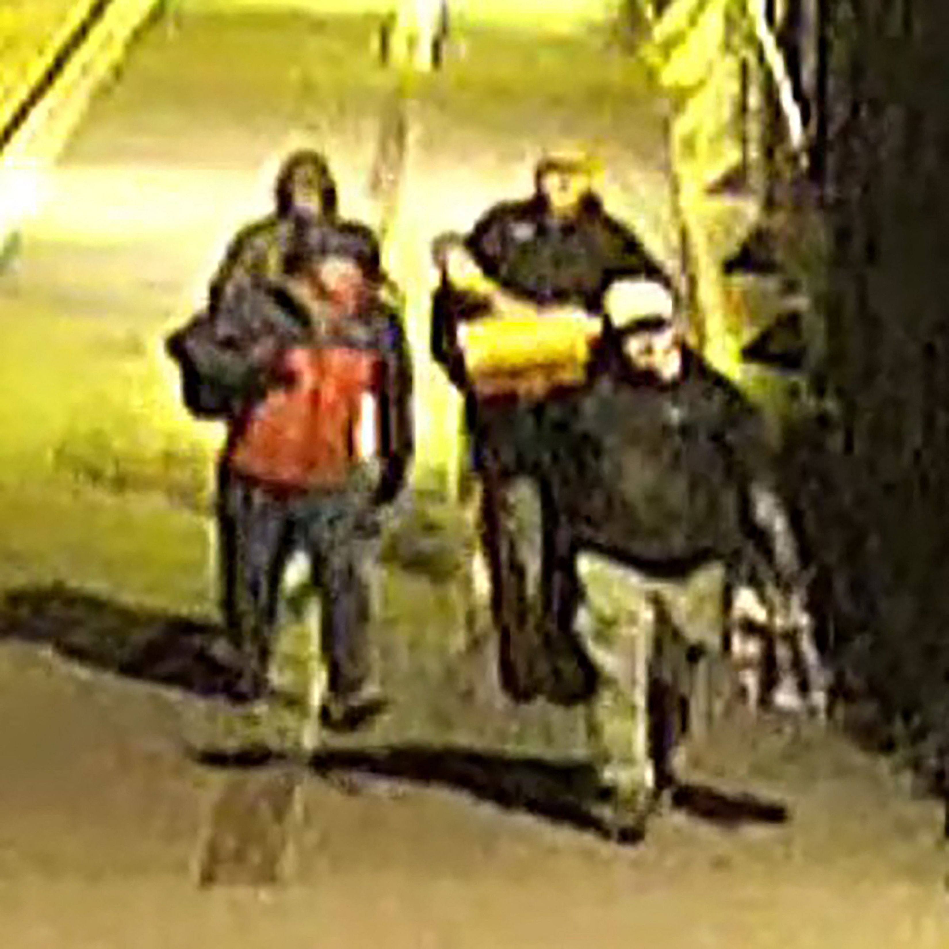 This image of CCTV footage shows men carrying bags outside a building which housed items from the Bristol Museum’s British Empire and Commonwealth collection. Photo: Avon and Somerset Police via AFP