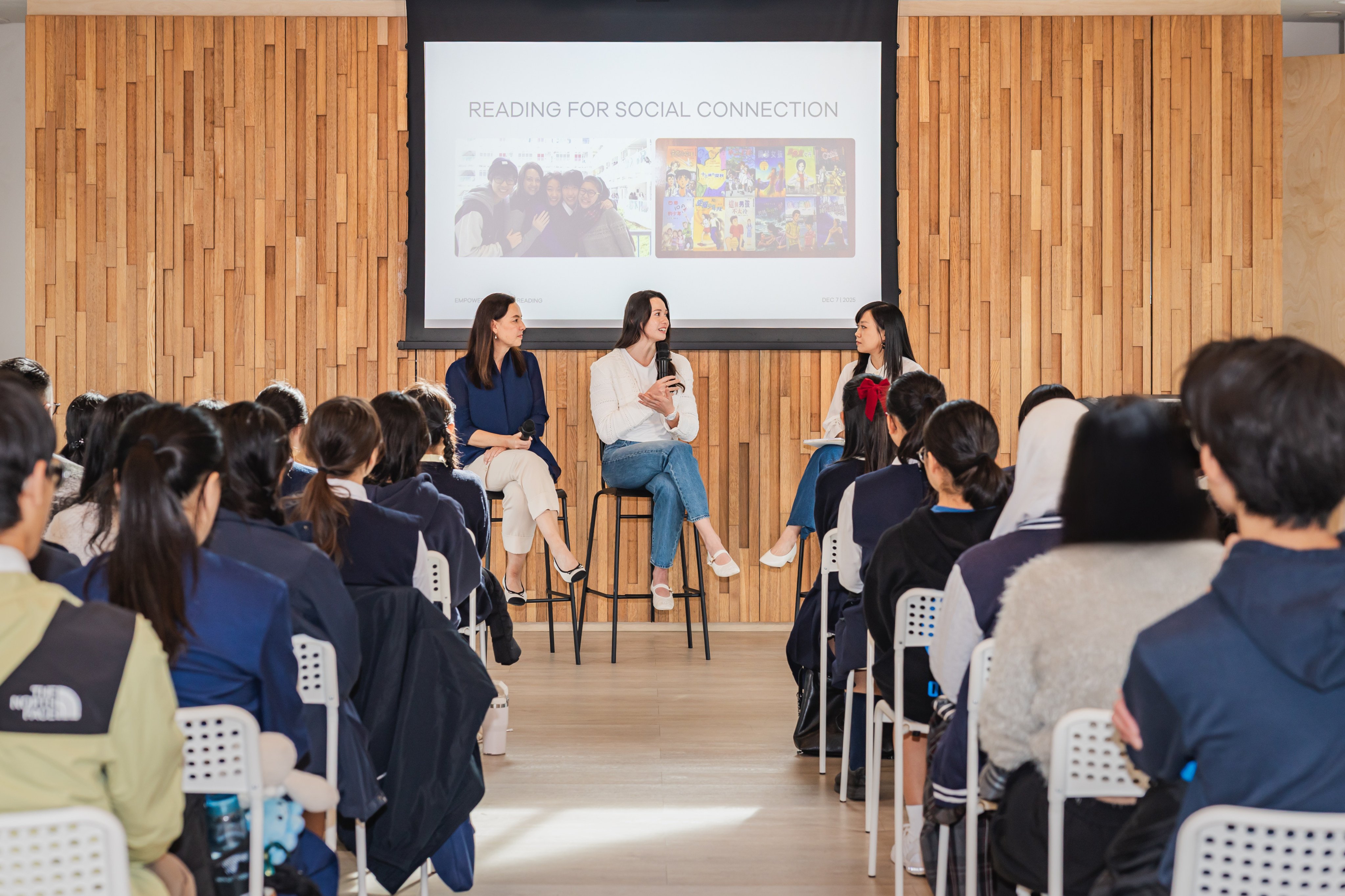 Joanna Hotung (left) and Siobhan Haughey speak at the “Empower Through Reading” fireside chat moderated by Emily Tsang, the editor of Young Post. Photo: Handout