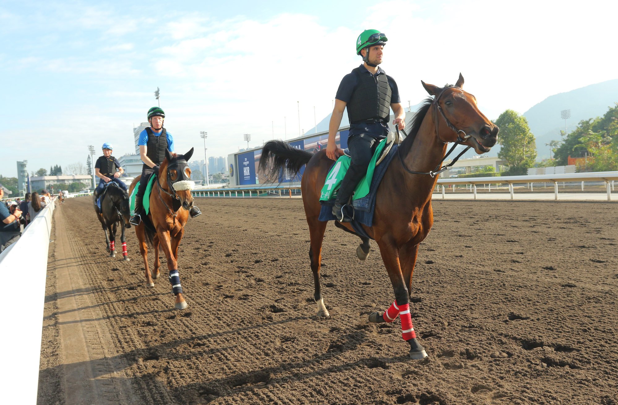 Goliath (green cap) strolls back to base after a workout at Sha Tin. Goliath (green cap) strolls back to base after a workout at Sha Tin.