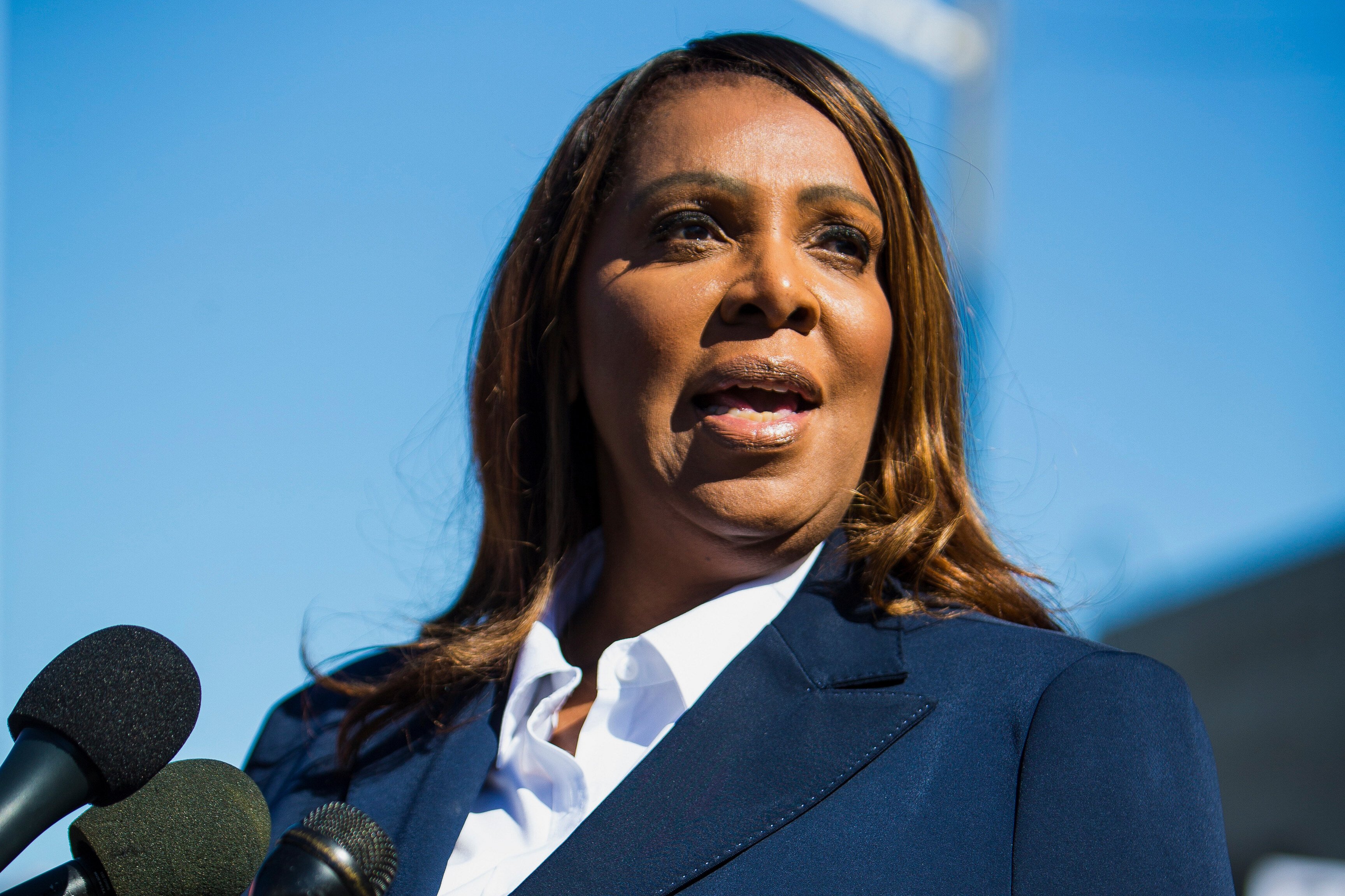 New York Attorney General, Letitia James, speaks outside court in Norfolk, Virginia, in October. Photo: AP