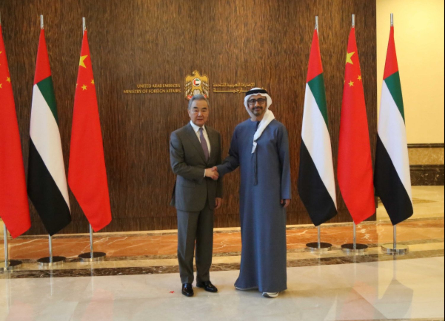 Chinese Foreign Minister Wang Yi with Emirati counterpart Sheikh Abdullah bin Zayed Al Nahyan, in Abu Dhabi on Friday. Photo: Handout