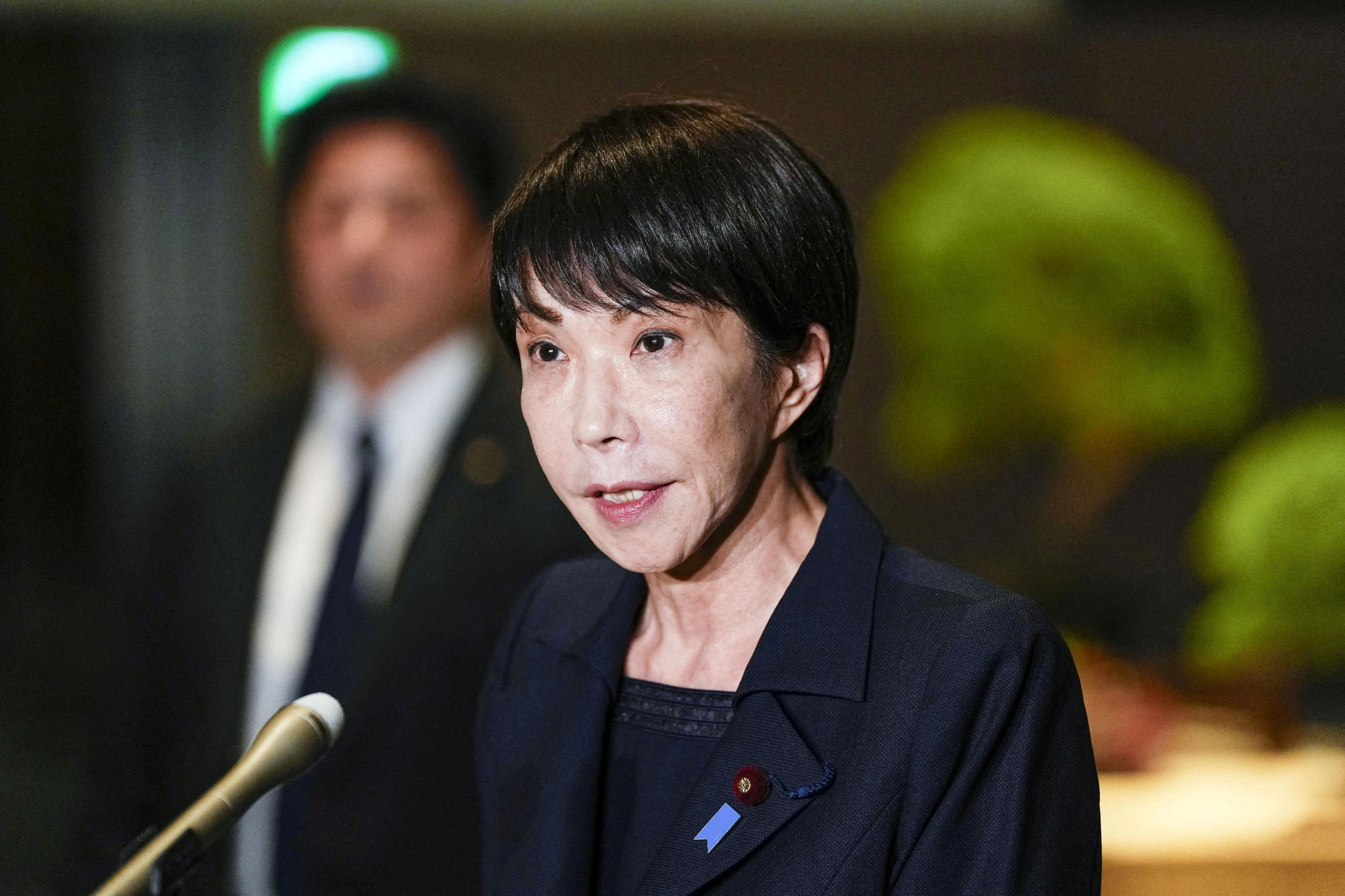 Japanese Prime Minister Sanae Takaichi speaks to the media in Tokyo on Monday. Photo: Kyodo/Reuters