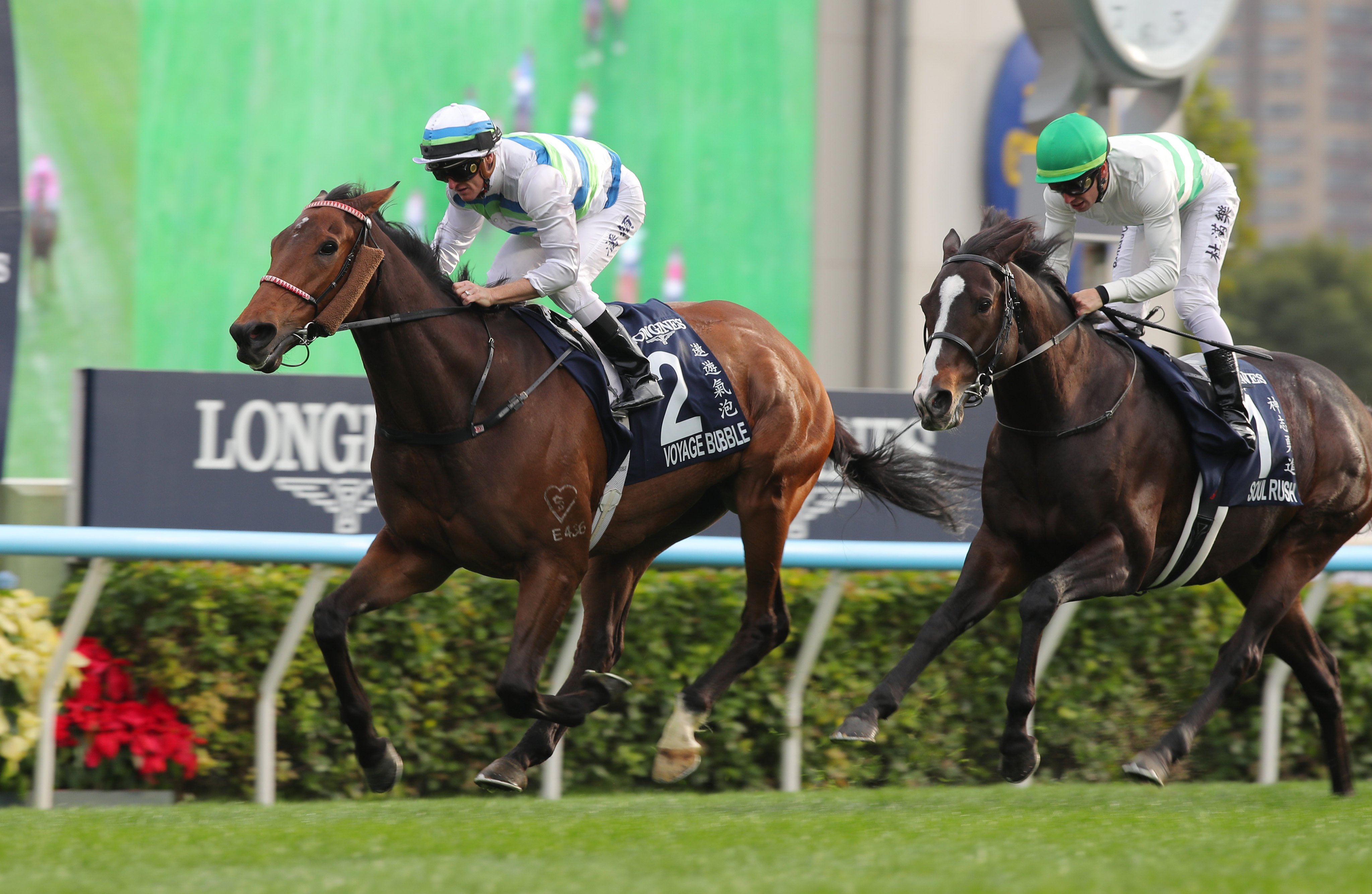 Voyage Bubble leads home Soul Rush in the Group One Hong Kong Mile. Photos: Kenneth Chan