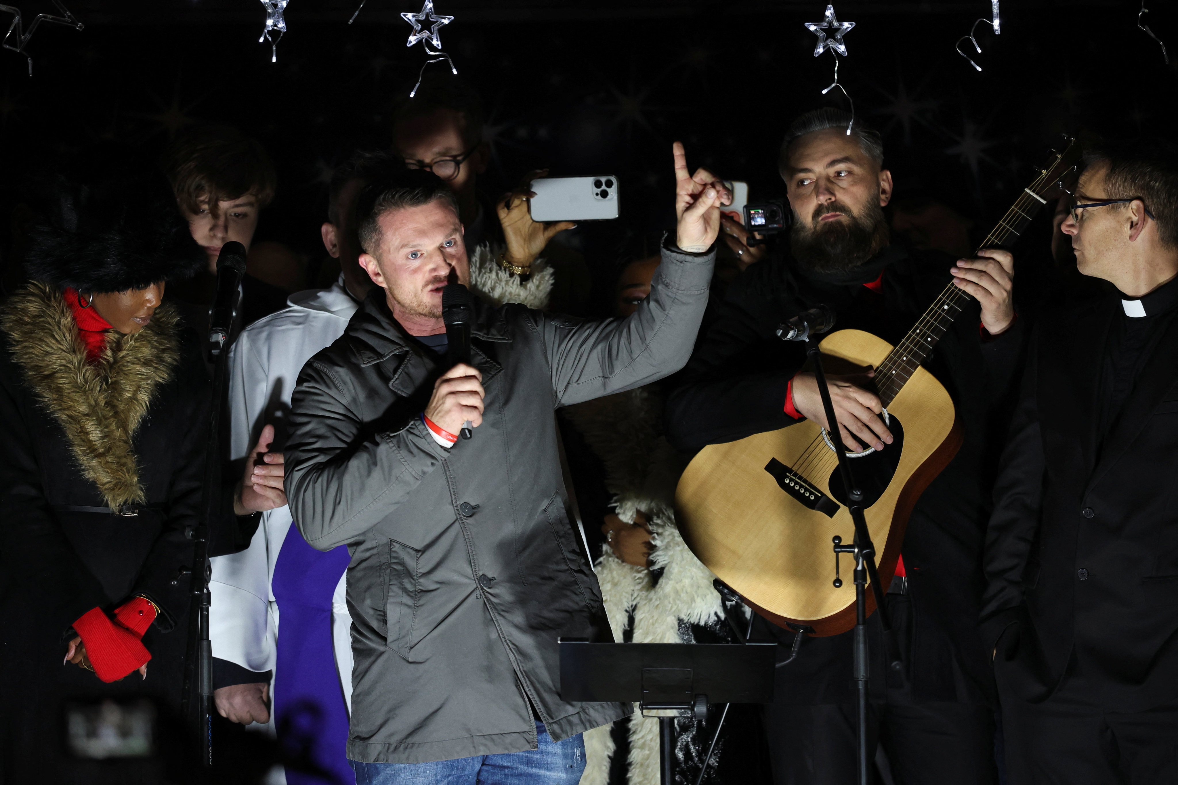 British far-right activist Tommy Robinson addresses supporters in central London on Saturday. Photo: Reuters