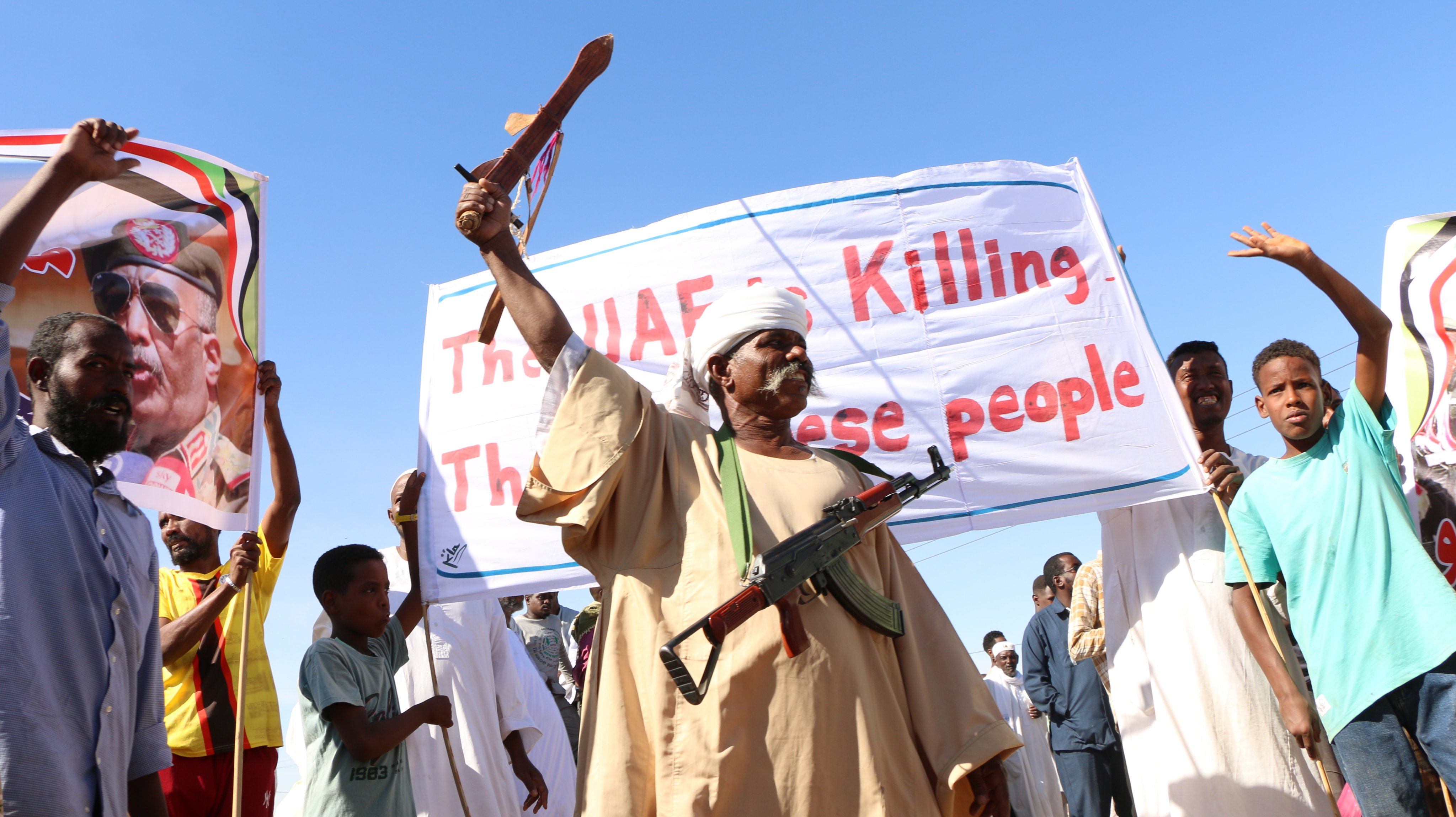 Protesters take part in a rally in support of the Sudanese Army and against the paramilitary Rapid Support Forces in Merowe on Saturday. Photo: EPA