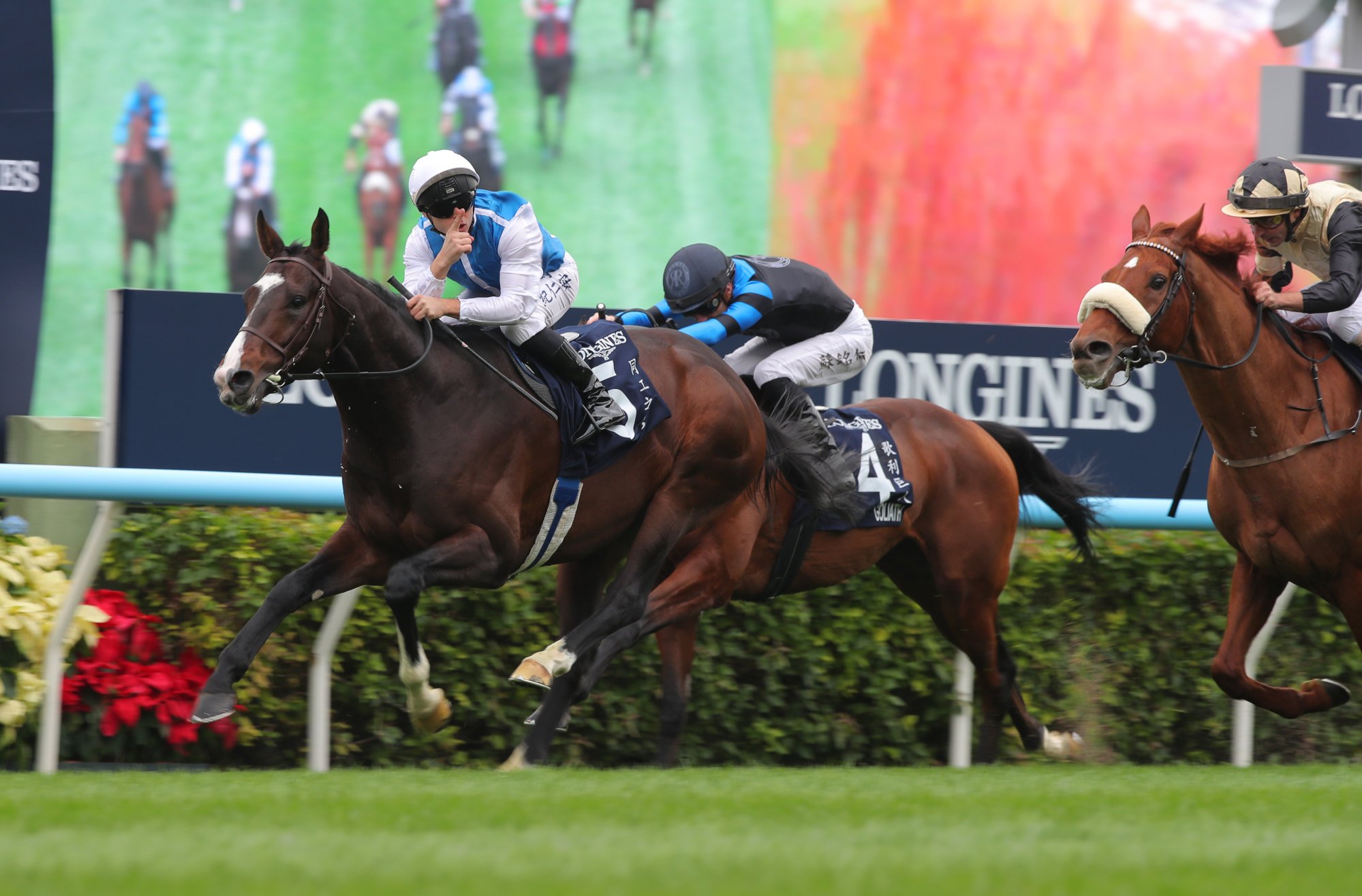 Maxime Guyon celebrates aboard Sosie after his big-race win. Maxime Guyon celebrates aboard Sosie after his big-race win.