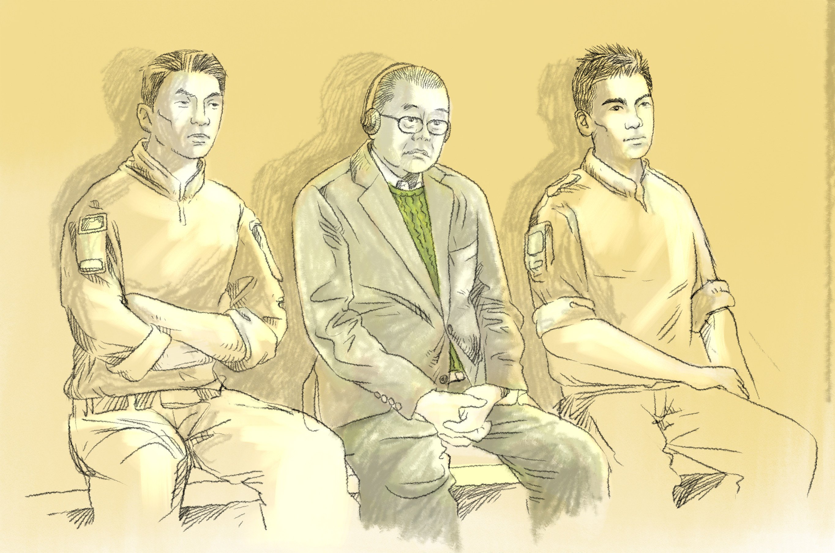 In this courtroom sketch, Jimmy Lai sits flanked by prison guards on Monday. Illustration: Victor Sanjinez