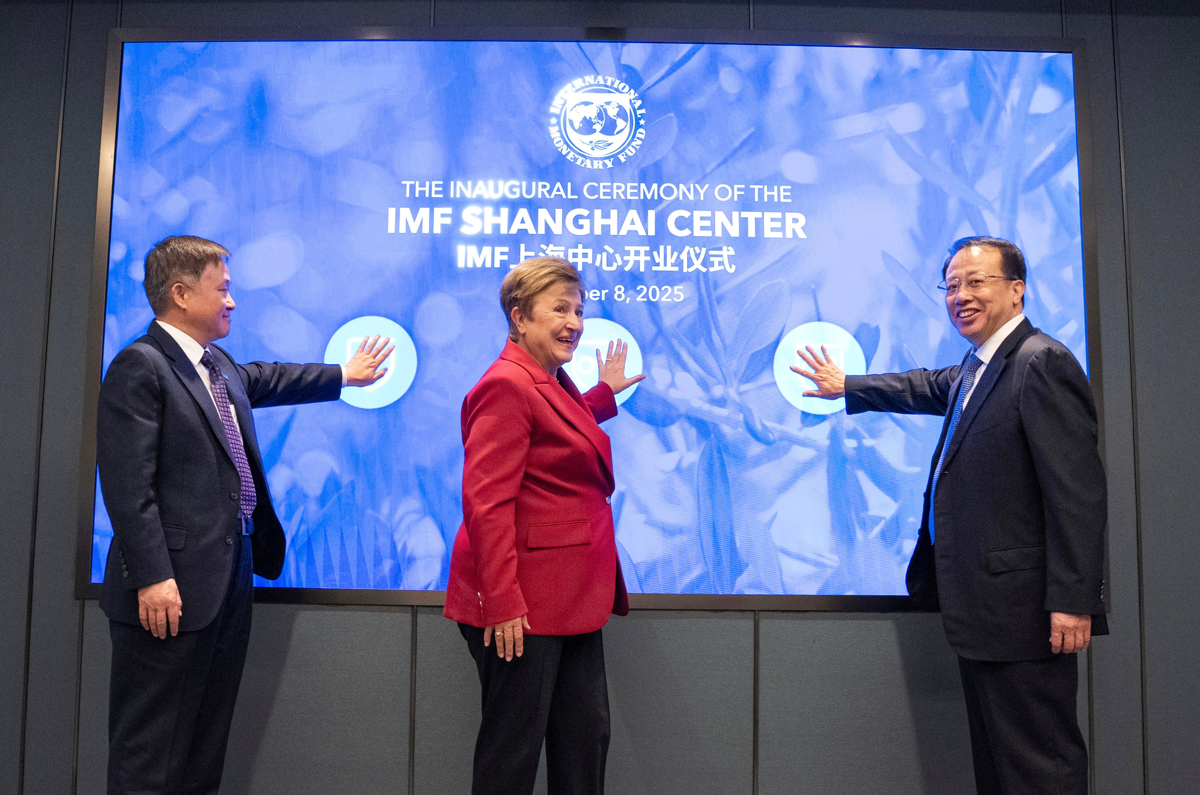 (From left to right) People’s Bank of China Governor Pan Gongsheng, International Monetary Fund Managing Director Kristalina Georgieva, and Shanghai Mayor Gong Zheng mark the launch of the IMF’s Shanghai Centre on December 8. Photo: Handout