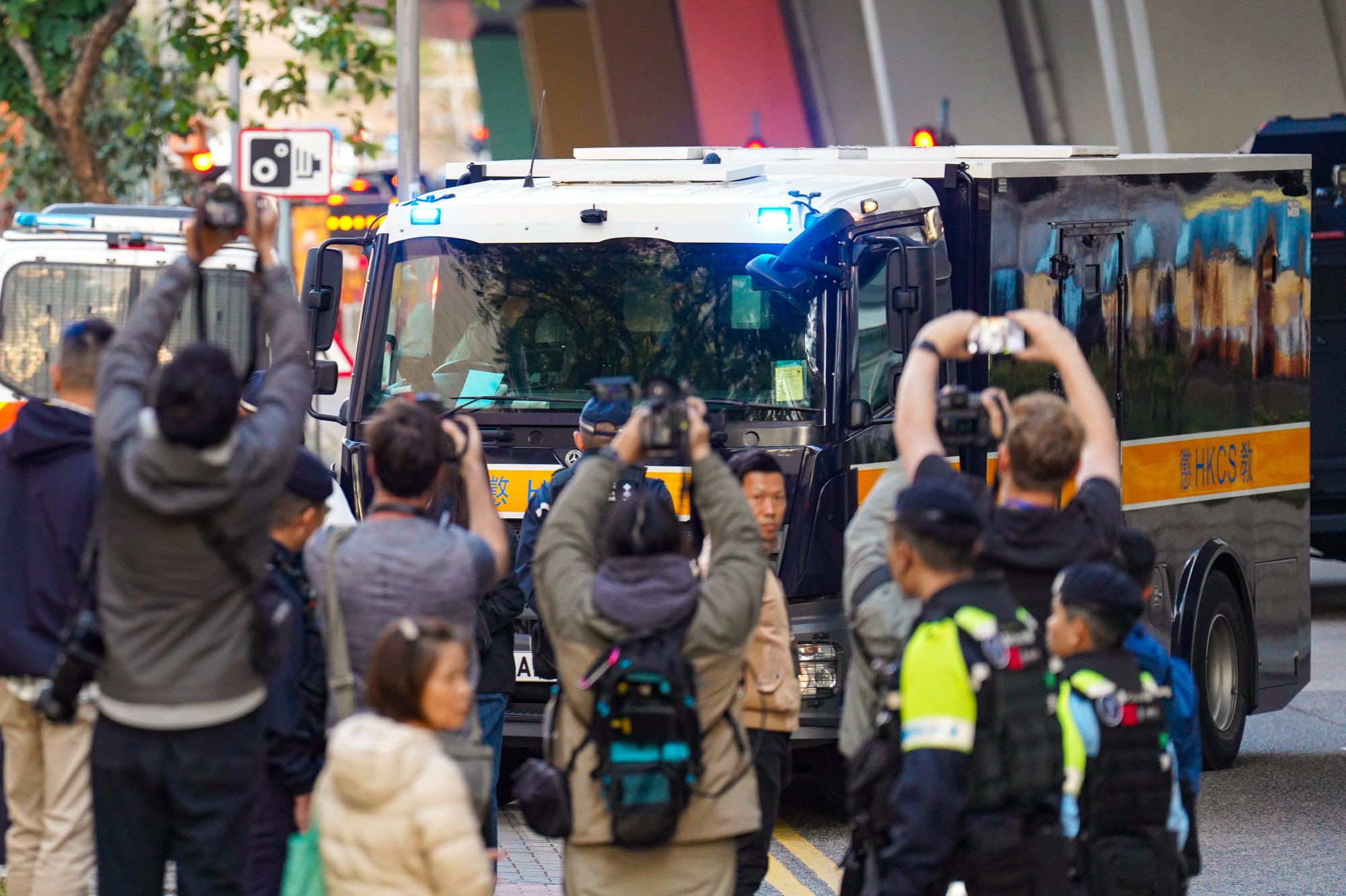 A prison vehicle brings Jimmy Lai to court on Monday. Photo: Karma Lo