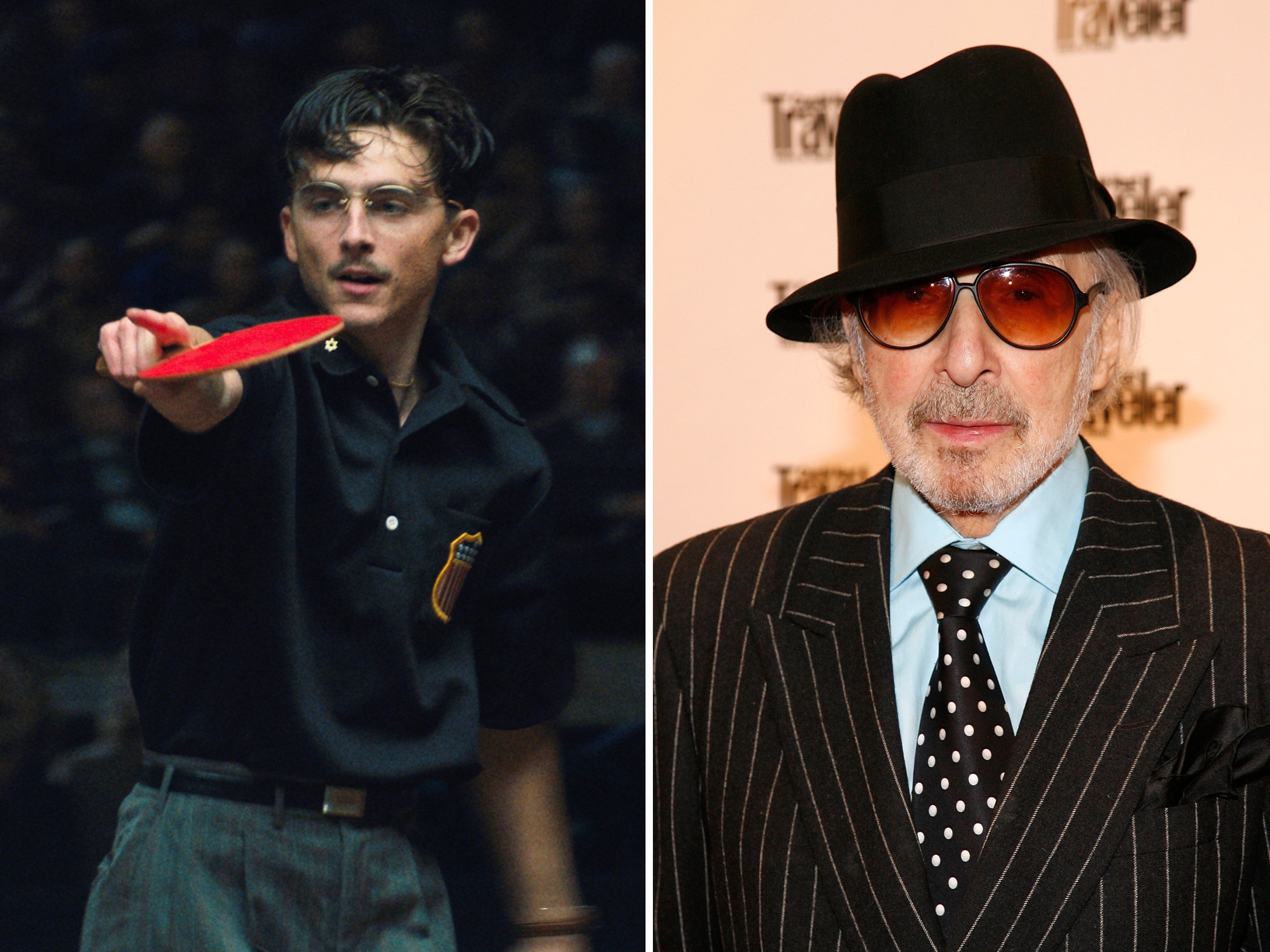 In Marty Supreme, Timothée Chalamet (left) plays Marty Mauser, who is based on real-life table tennis champion and hustler Marty Reisman (right). Photos: AP, Getty Images