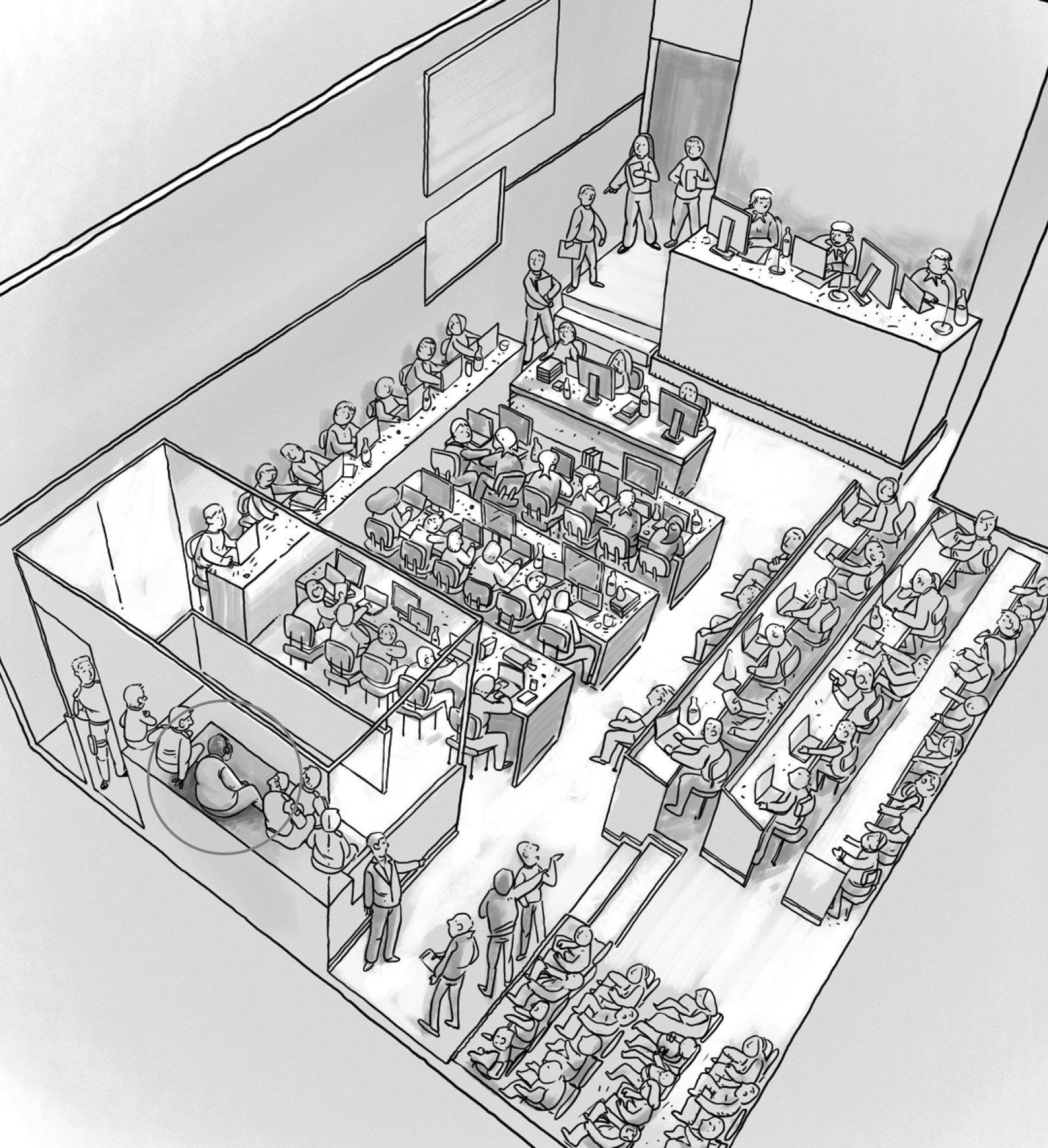 The scene inside the court on Monday as Jimmy Lai learned his fate. Illustration: Victor Sanjinez