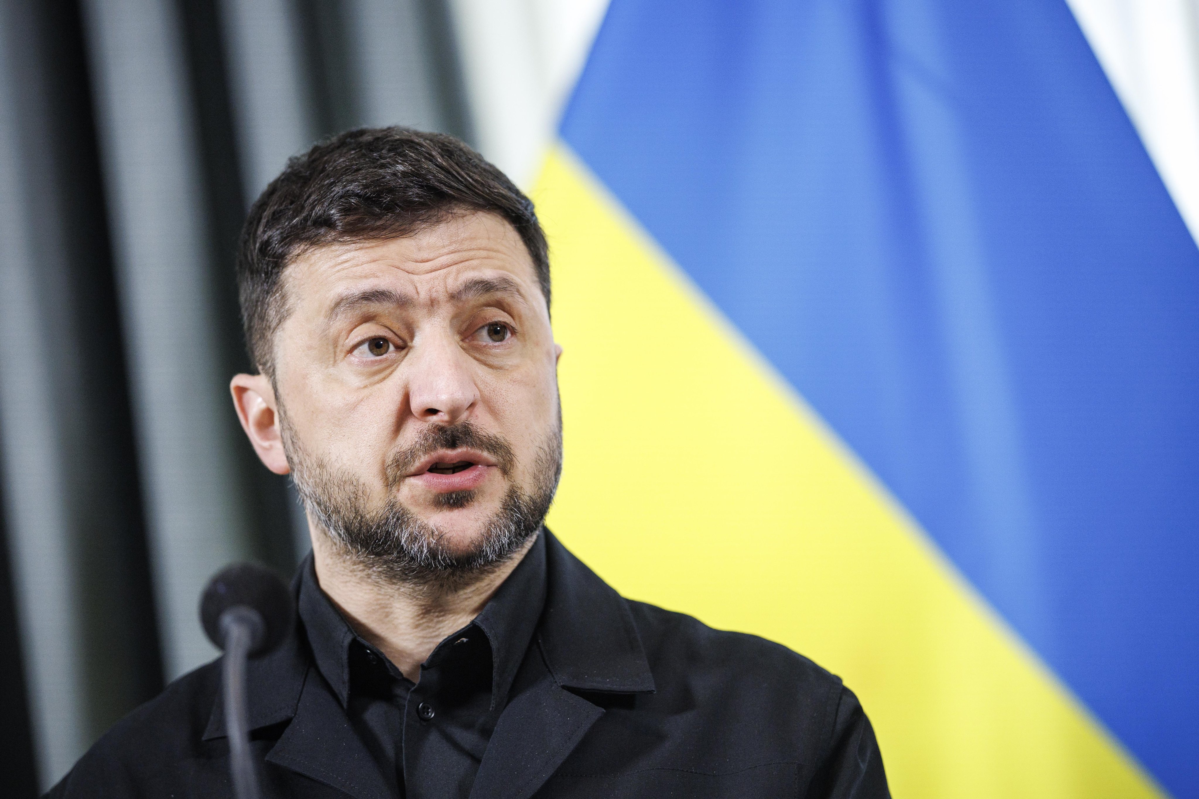 Ukrainian President Volodymyr Zelensky speaks during a press conference in The Hague, Netherlands on Tuesday. Photo: EPA-EFE