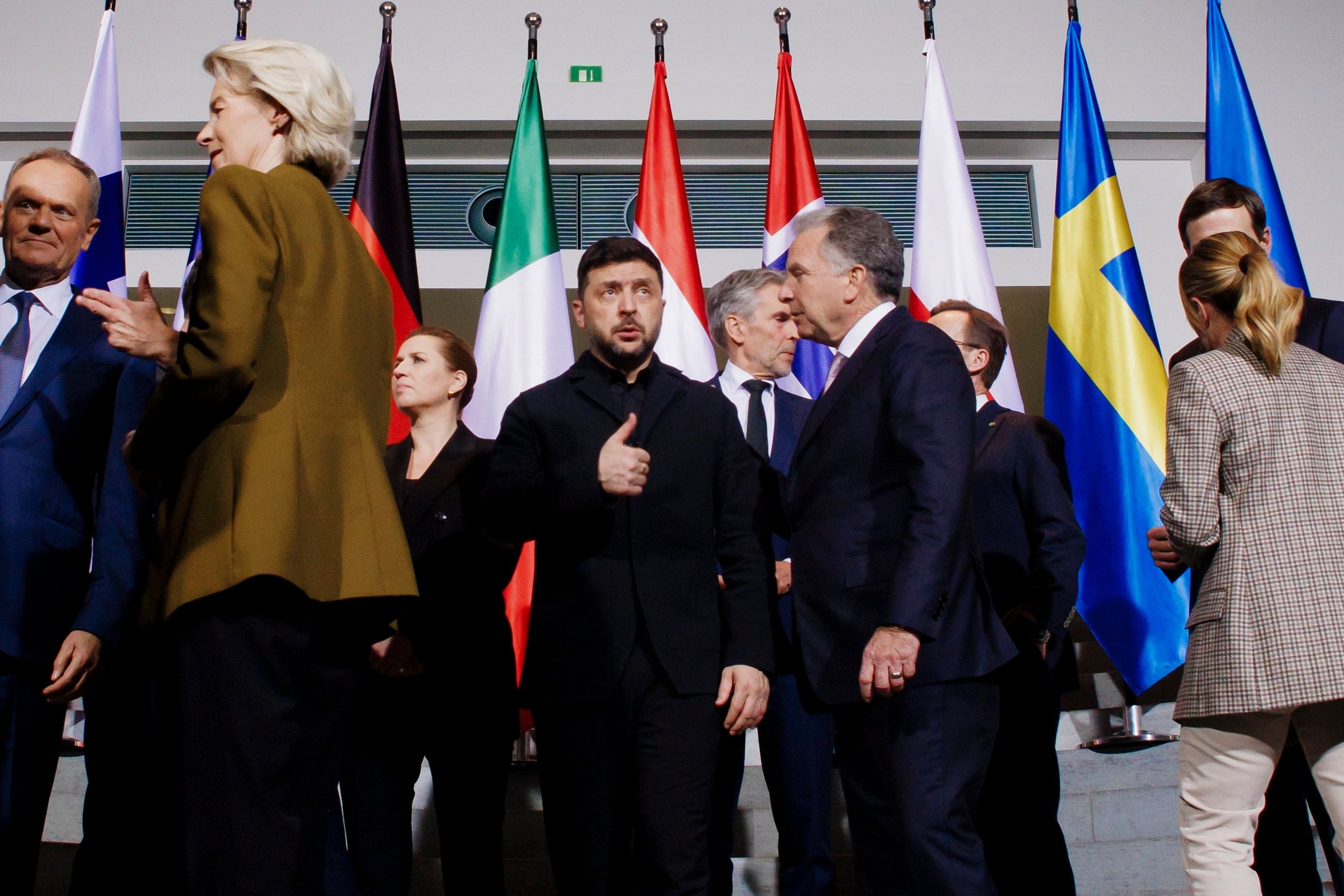 Ukrainian President Volodymyr Zelensky, centre left, and US envoy Steve Witkoff, centre right, at the Chancellery in Berlin, Germany on Monday. Photo: EPA