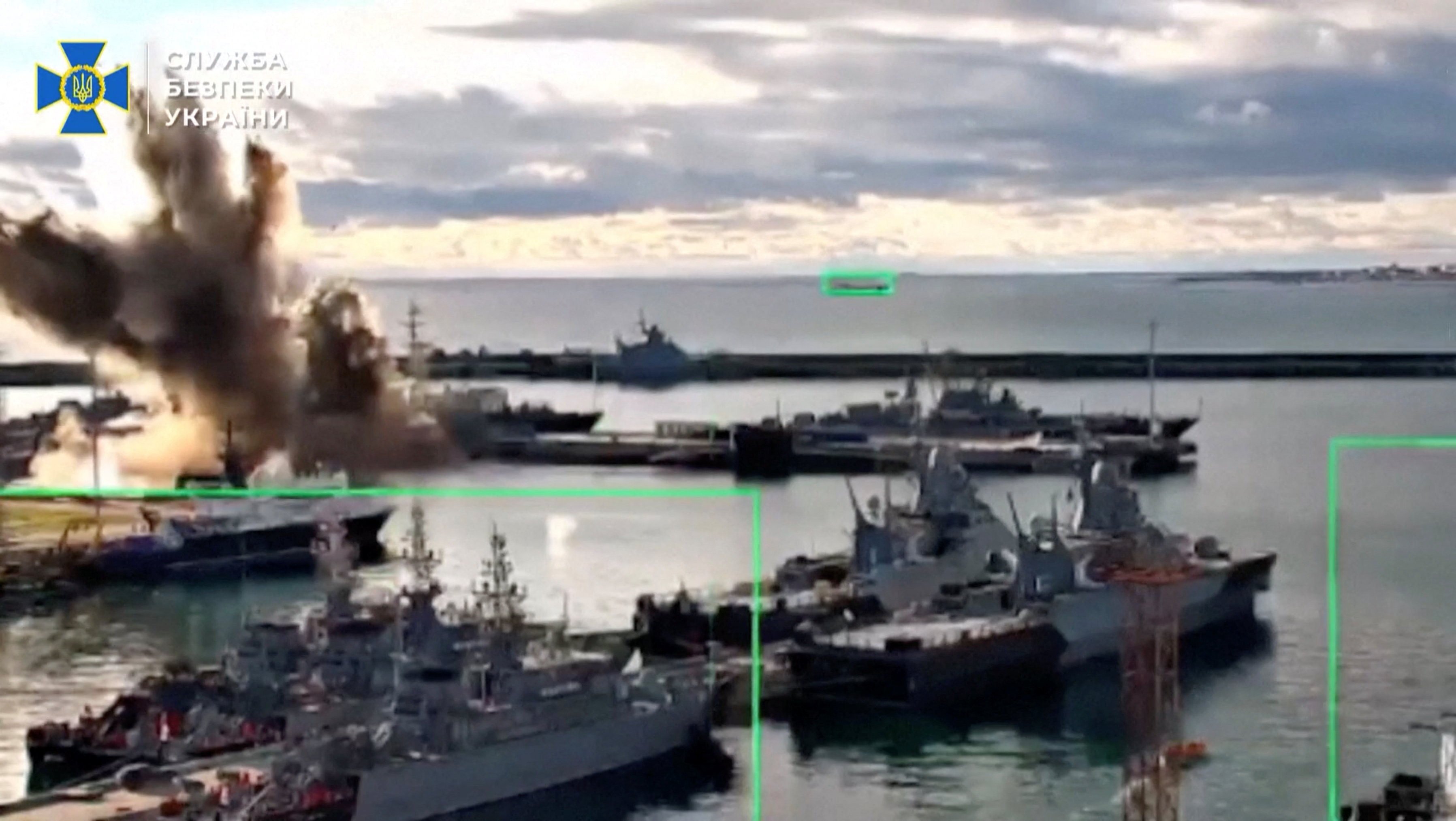 Footage released by the Security Service of Ukraine shows what it says is a strike on a Russian submarine at a port facility, in Novorossiysk, Krasnodar Region, Russia. Photo: Security Service of Ukraine via Reuters