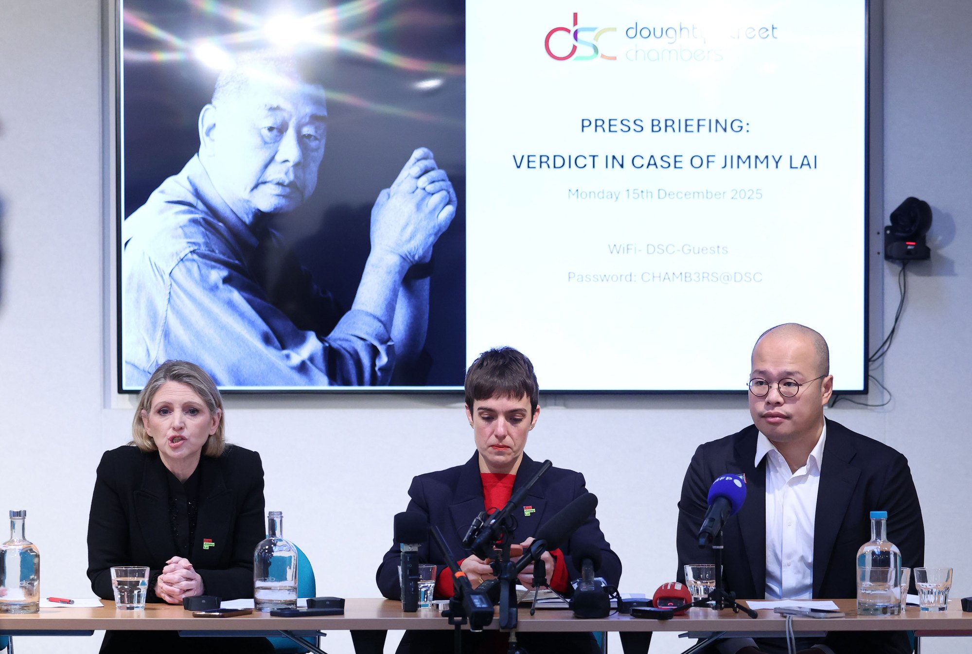 (From left) Lawyers Caoilfhionn Gallagher and Martha Spurrier hold a media briefing in London with Sebastian Lai, Jimmy Lai’s son. Photo: EPA (From left) Lawyers Caoilfhionn Gallagher and Martha Spurrier hold a media briefing in London with Sebastian Lai, Jimmy Lai’s son. Photo: EPA