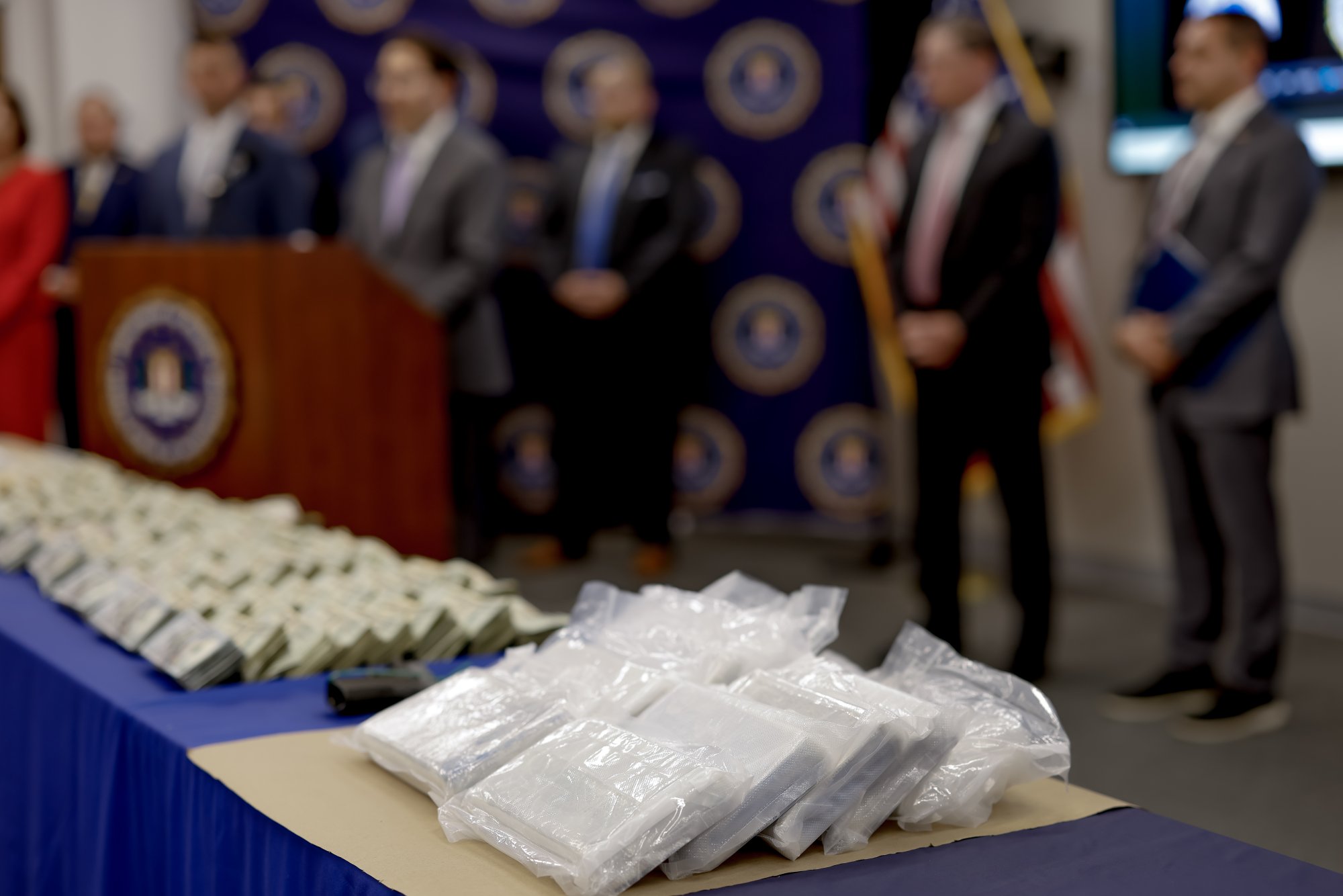 Seized packages of fentanyl and cash are displayed at the Atlanta Federal Bureau of Investigation headquarters in Atlanta, Georgia, last month. Photo: EPA