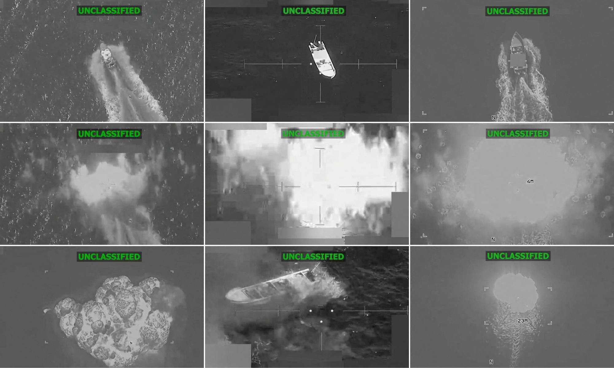 Images show what the US military says are lethal strikes on three separate alleged drug boats in the eastern Pacific Ocean announced on Monday. Photo: US Southern Command via X