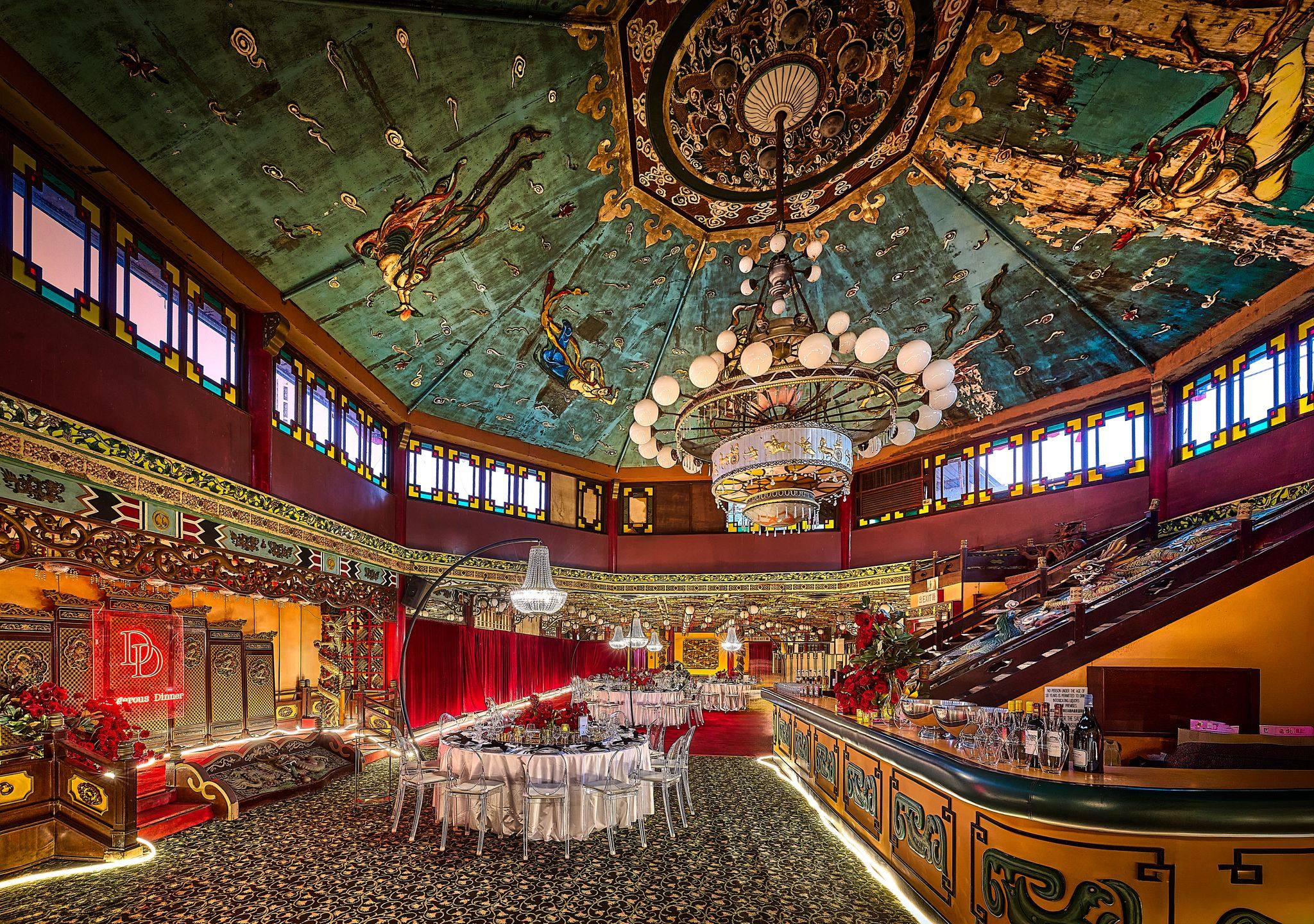 The floating restaurant’s interiors, though worn, remain incredibly detailed, making it a prime location for Sacha Yasumoto’s team. Photo: Bill Brewer, Michelle Raquel and Michael Perini