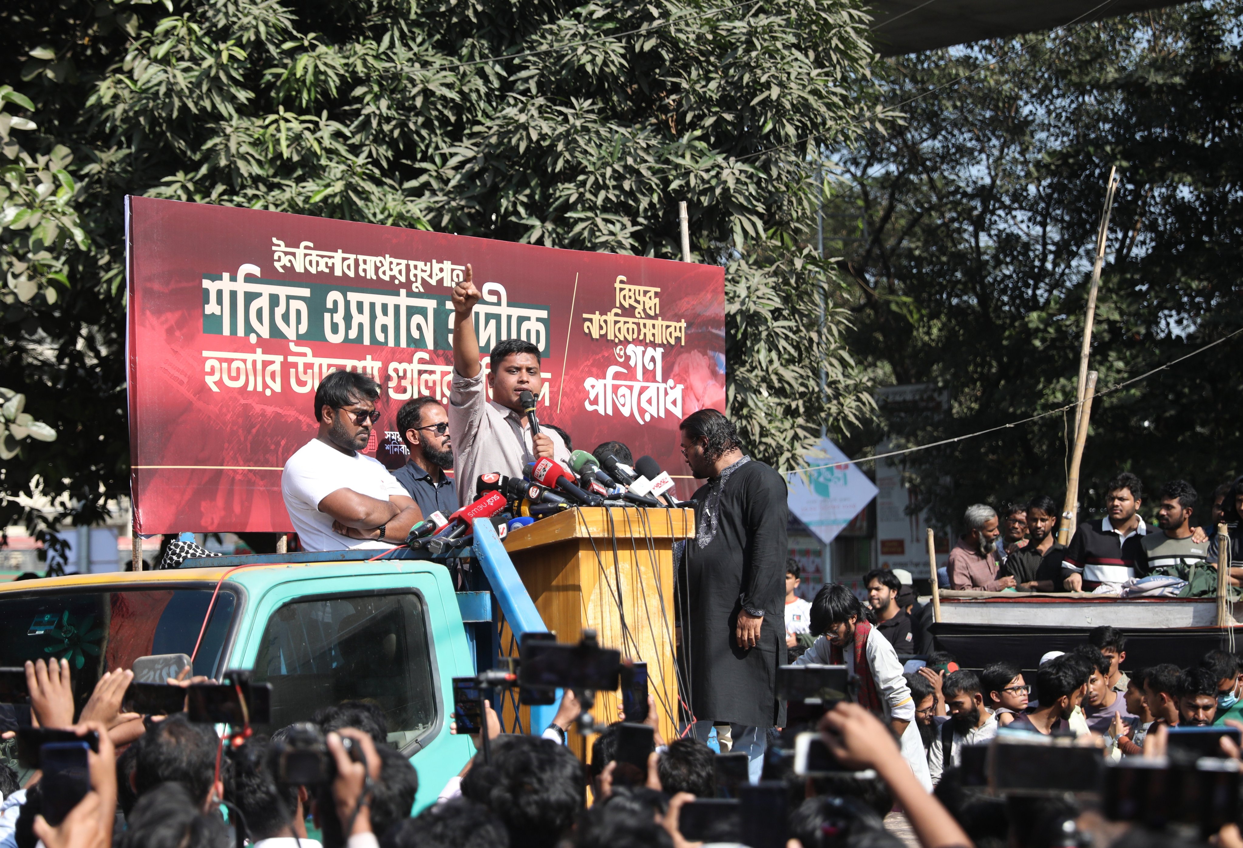 Hasnat Abdullah, a leader of the National Citizen Party, speaking at a rally in Dhaka on Saturday. Photo: EPA