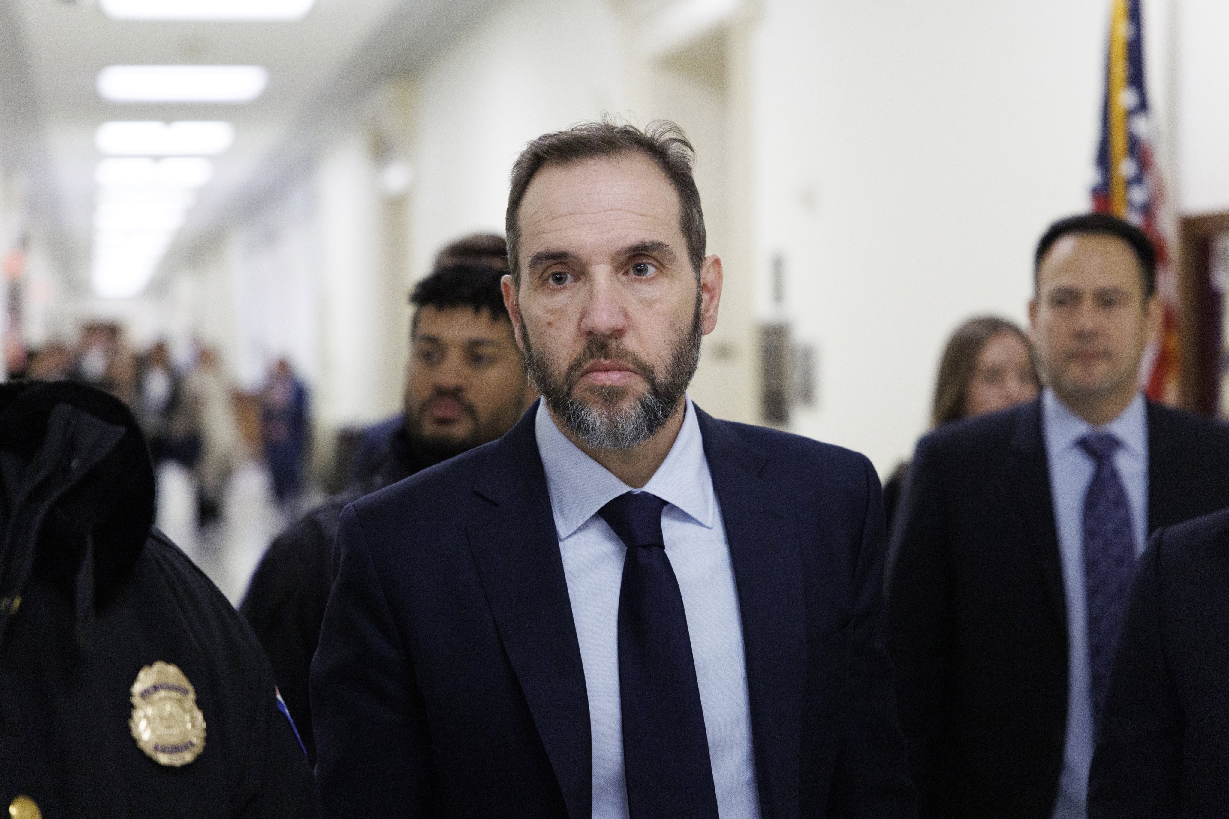 Former special counsel Jack Smith (centre) arrives for a deposition before the Republican-led House Judiciary Committee in Washington on Wednesday. Photo: EPA