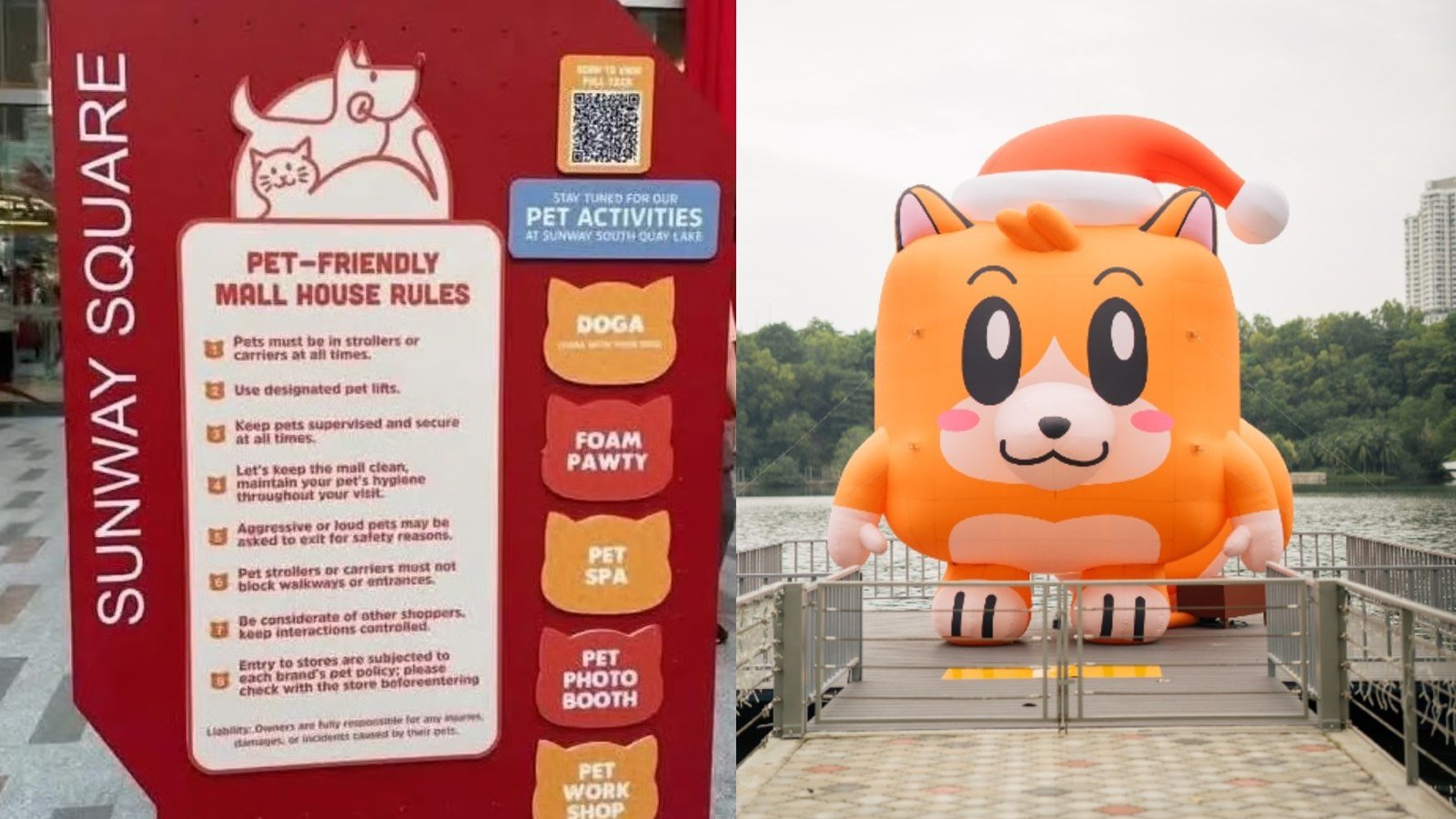 A sign outlining Sunway Square Mall’s pet-friendly house rules, and a dog-themed installation at the Selangor shopping complex. The mall has since barred pets from enclosed indoor areas following a backlash online. Photos: Facebook/Sunway Square Mall