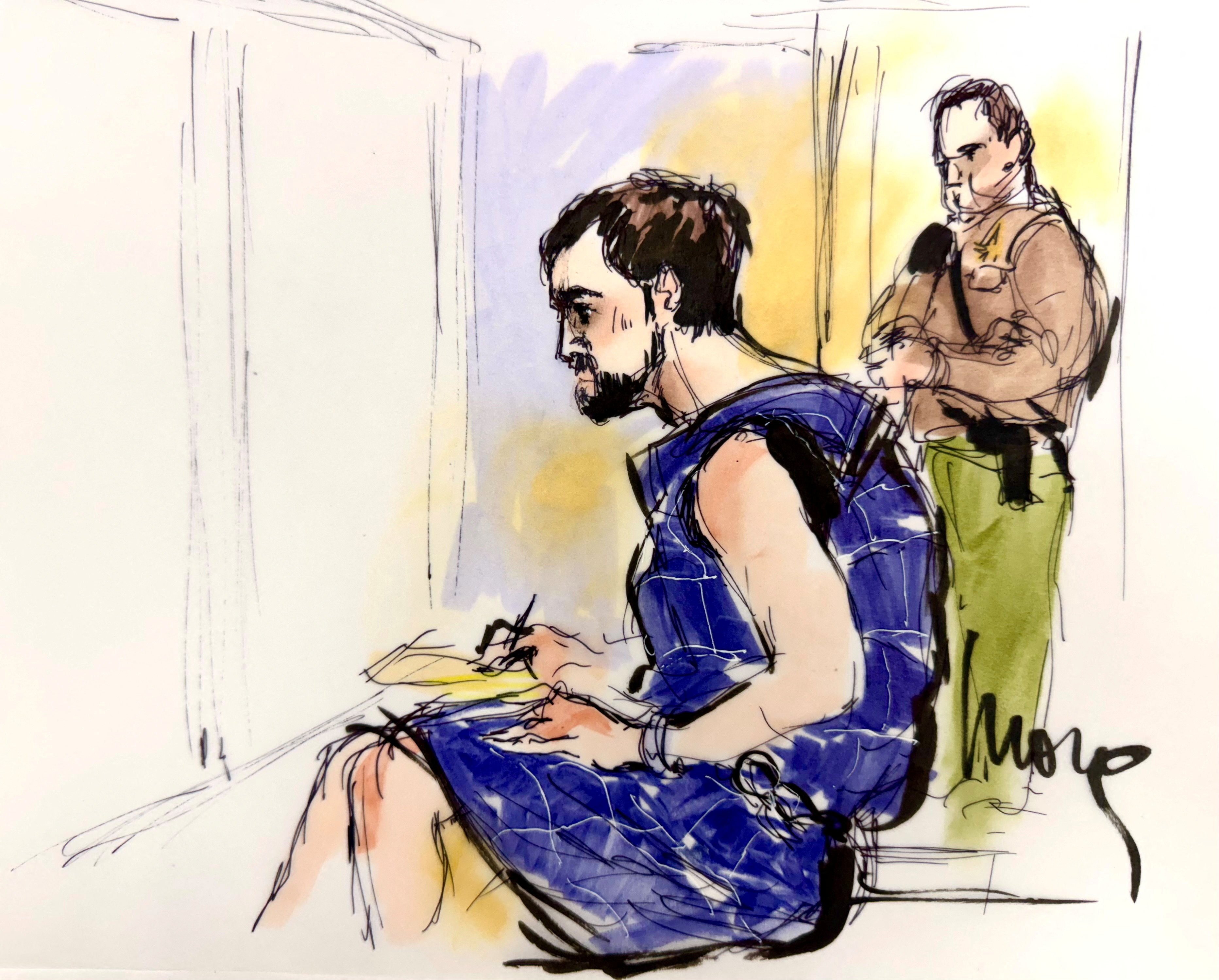 Nick Reiner, wearing a blue protective vest, makes his first court appearance in Los Angeles on Wednesday. Courtroom sketch: Mona Edwards via Reuters