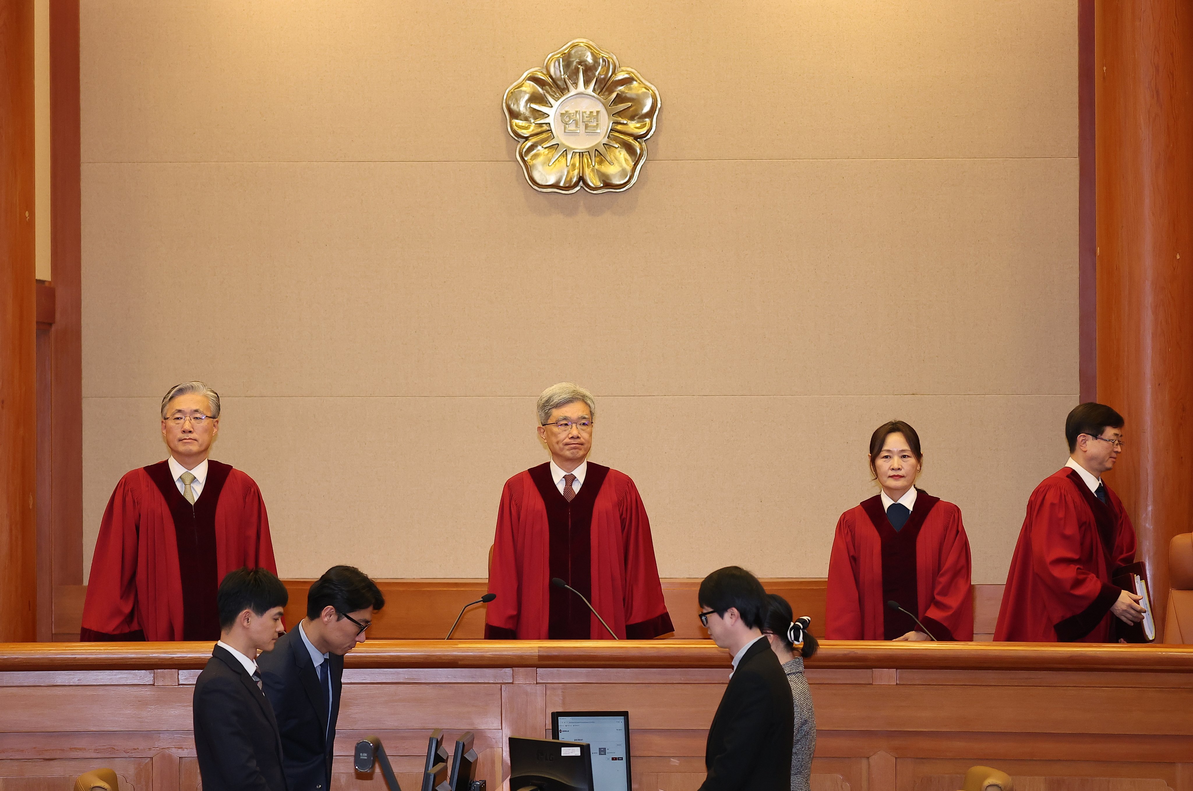 South Korea’s Constitutional Court justices attend a hearing in Seoul on Thursday to deliver a verdict on the impeachment of former police chief Cho Ji-ho over his role in former president Yoon Suk-yeol’s failed martial law bid. Photo: EPA