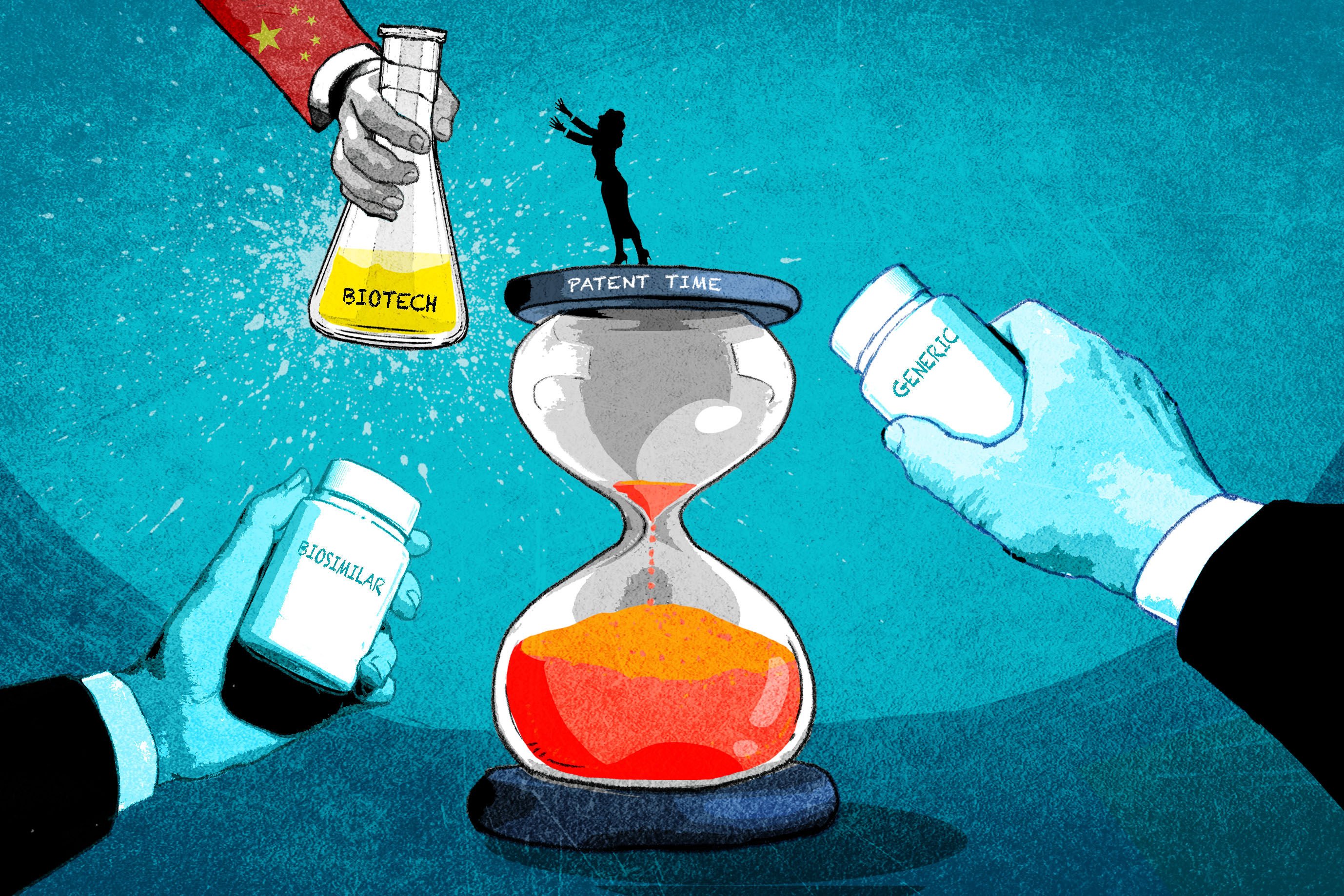 US drugmakers are increasingly looking to Chinese biotechs as an answer to the revenue gaps left by the looming ‘patent cliff’. Illustration by Henry Wong