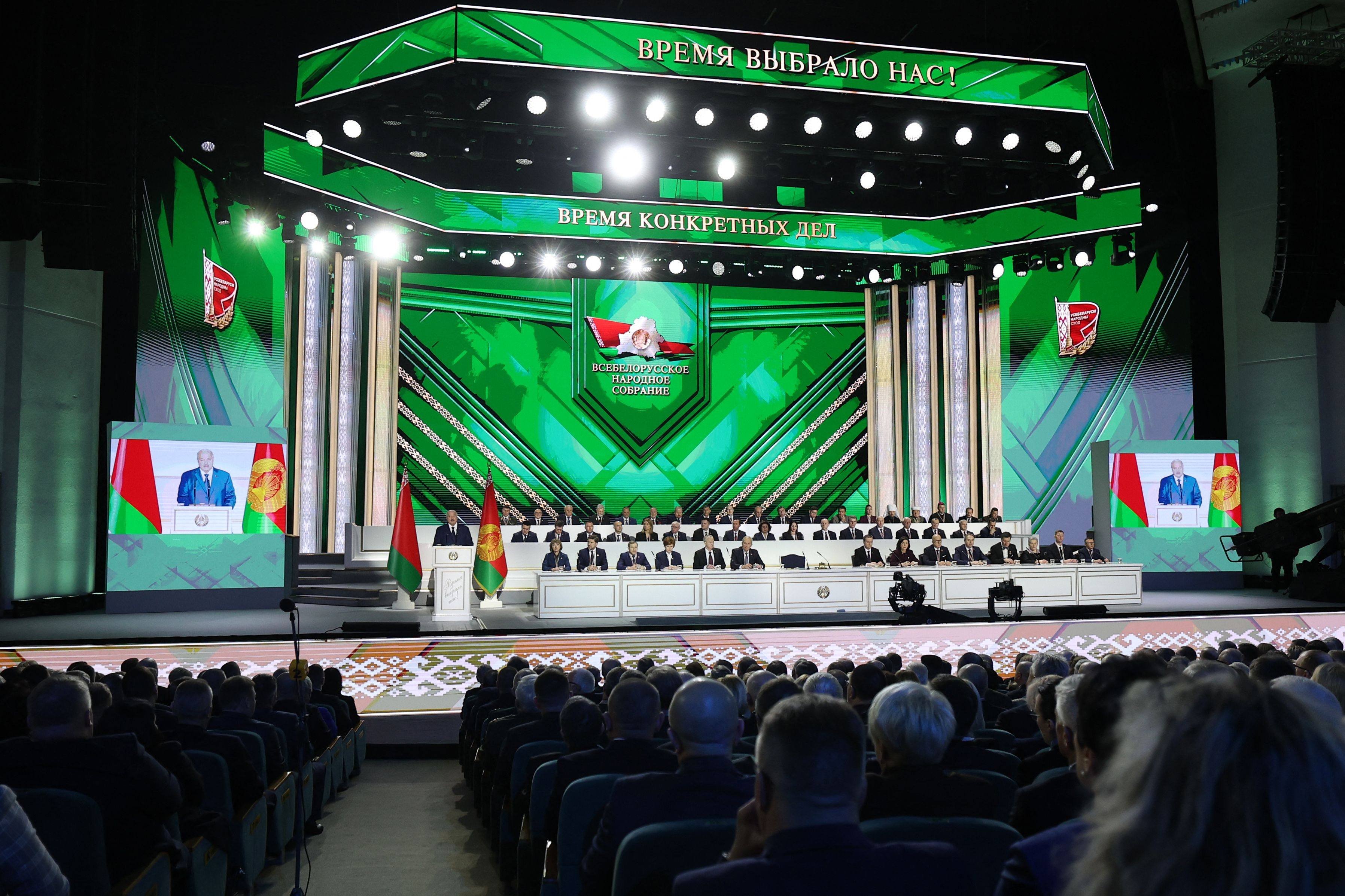 Belarus President Alexander Lukashenko delivers a speech in Minsk on Thursday. Photo: Belarusian presidential press service via AFP