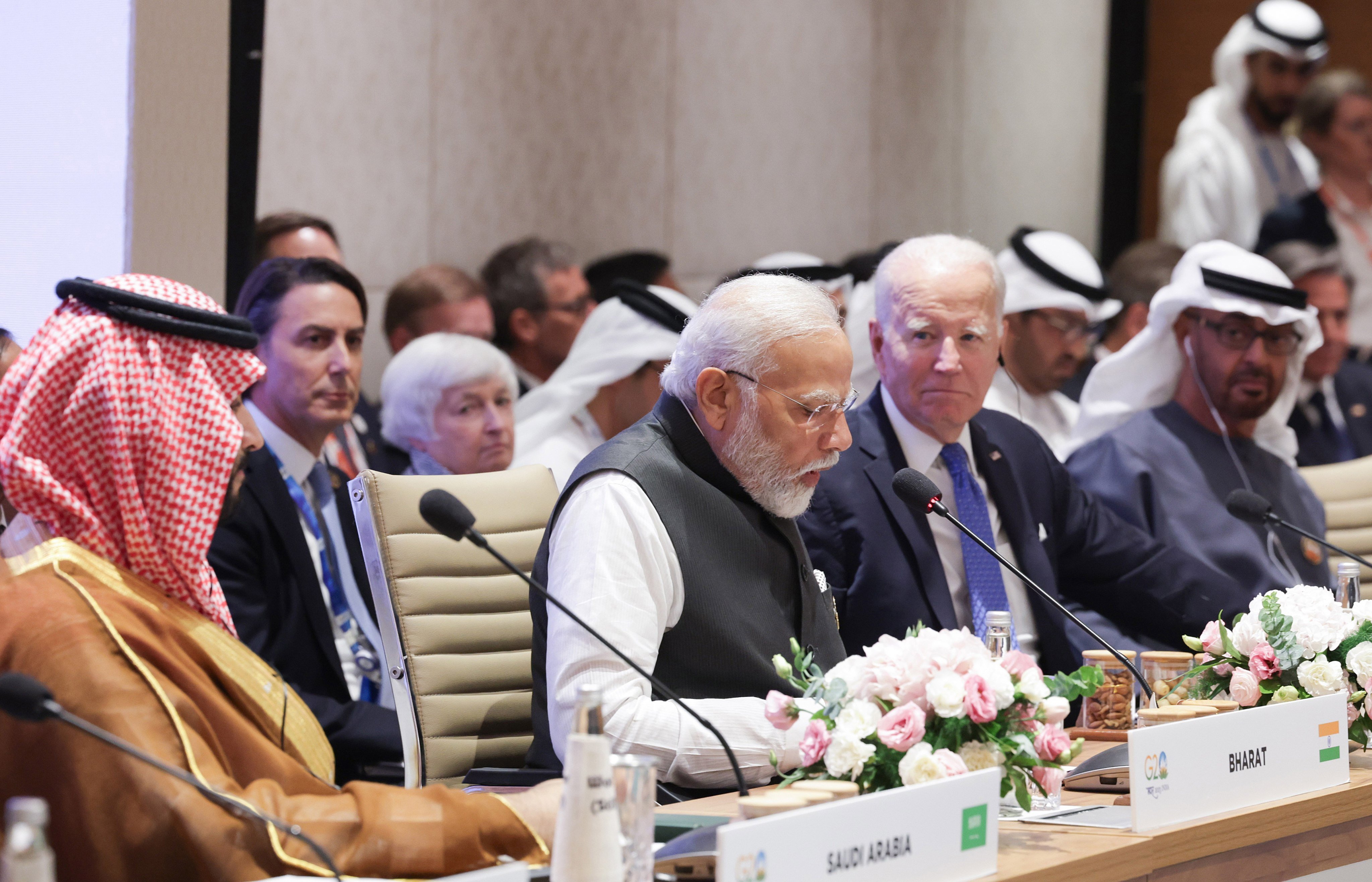 Indian Prime Minster Narendra Modi (left) and then US President Joe Biden attend the  Partnership for Global Infrastructure and Investment and India-Europe-Middle East Corridor meeting on September 9, 2023. 
Photo: Indian Press Information Bureau/EPA-EFE