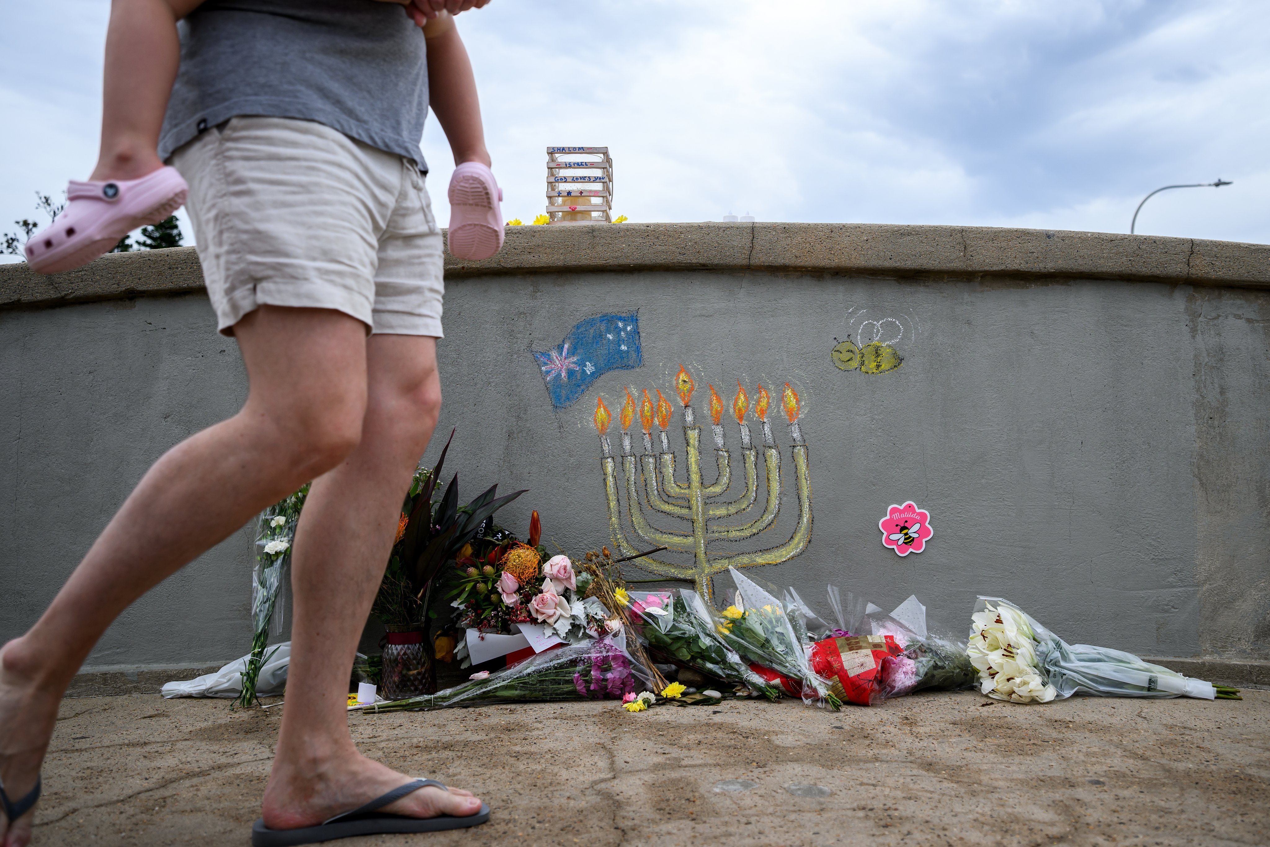 A memorial is seen on the footbridge used in the Bondi Beach attack in Sydney, Australia, on Saturday. Photo: EPA