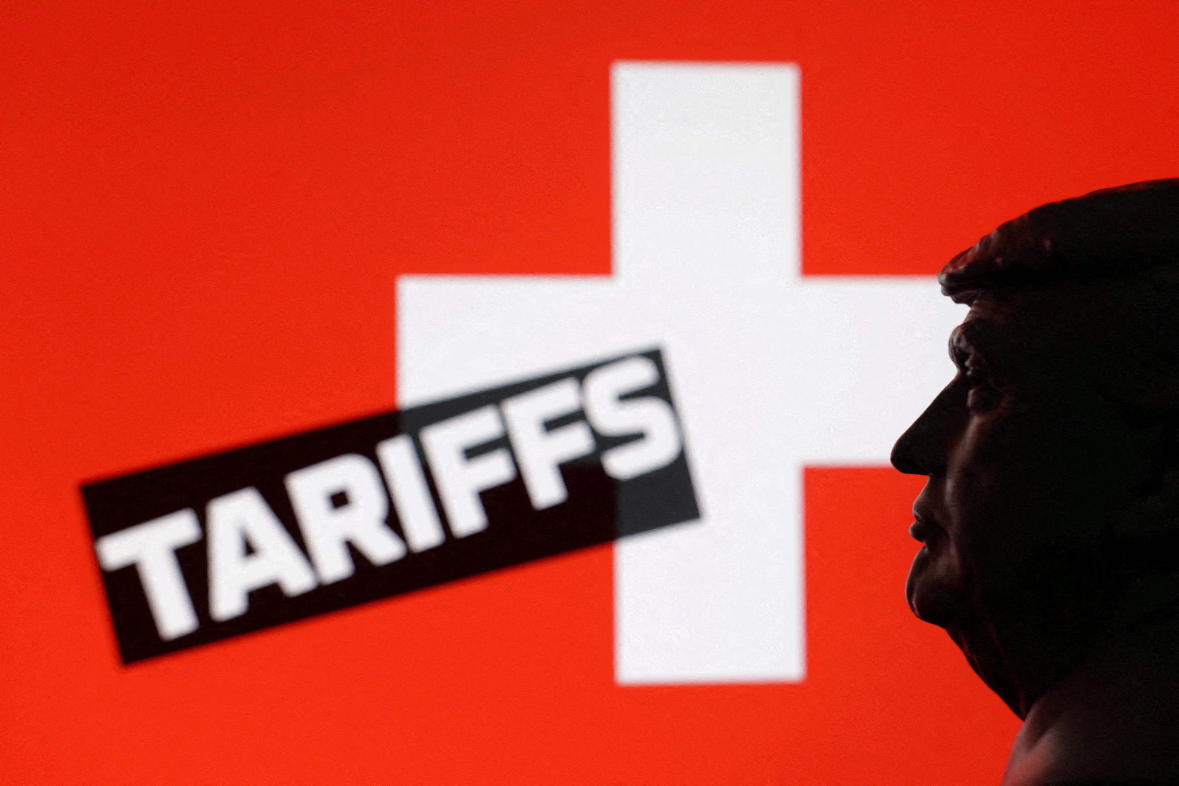 A 3D-printed miniature model of U.S. President Donald Trump, the Switzerland flag and the word ‘Tariffs’ in this illustration from July 23. Photo: Reuters