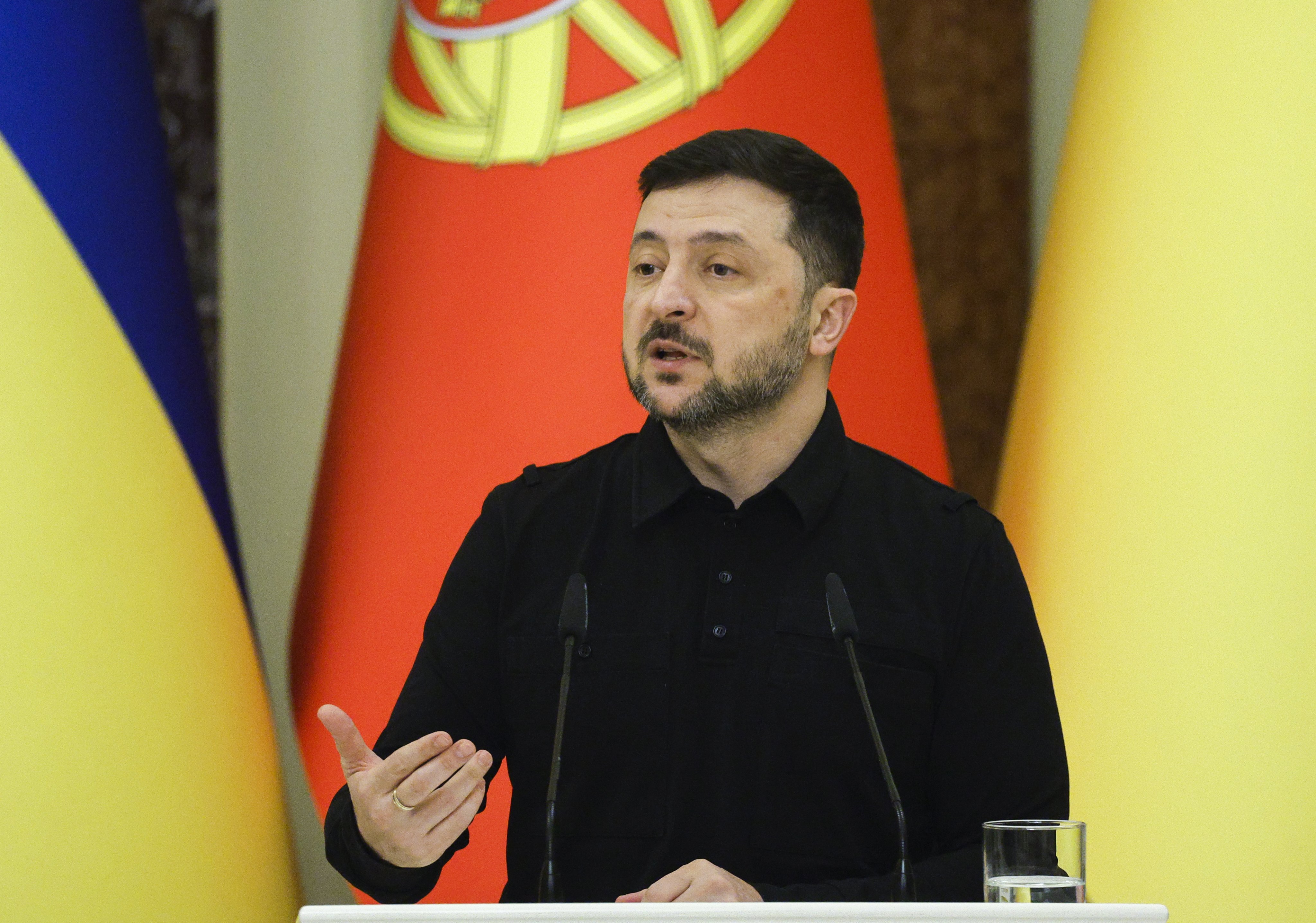 Ukrainian President Volodymyr Zelensky speaks during a press conference in Kyiv on Saturday. Photo: EPA