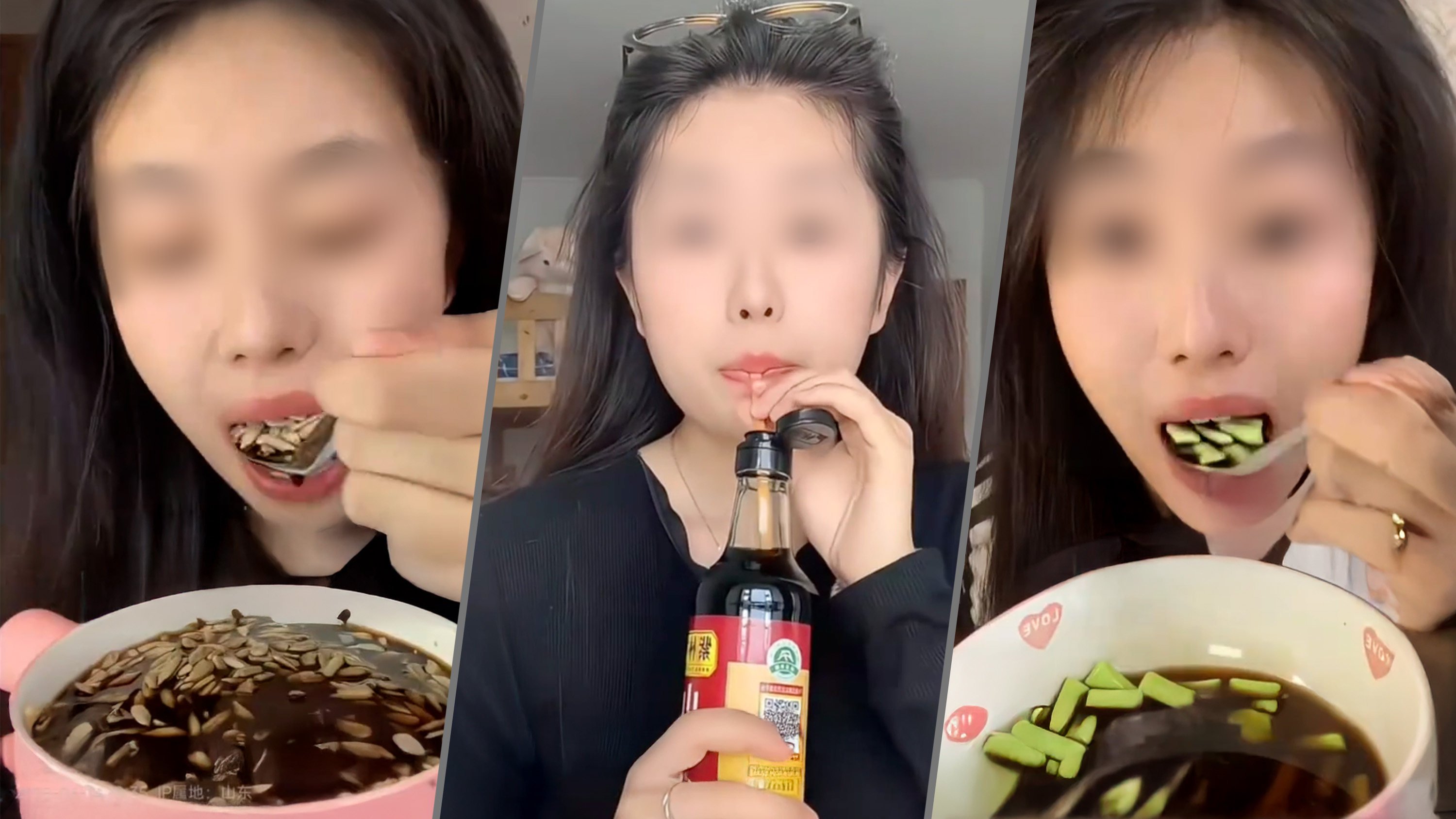A Chinese food vlogger faces online backlash for eating fish oil pills and vinegar-soaked chewing gum. Photo: Douyin