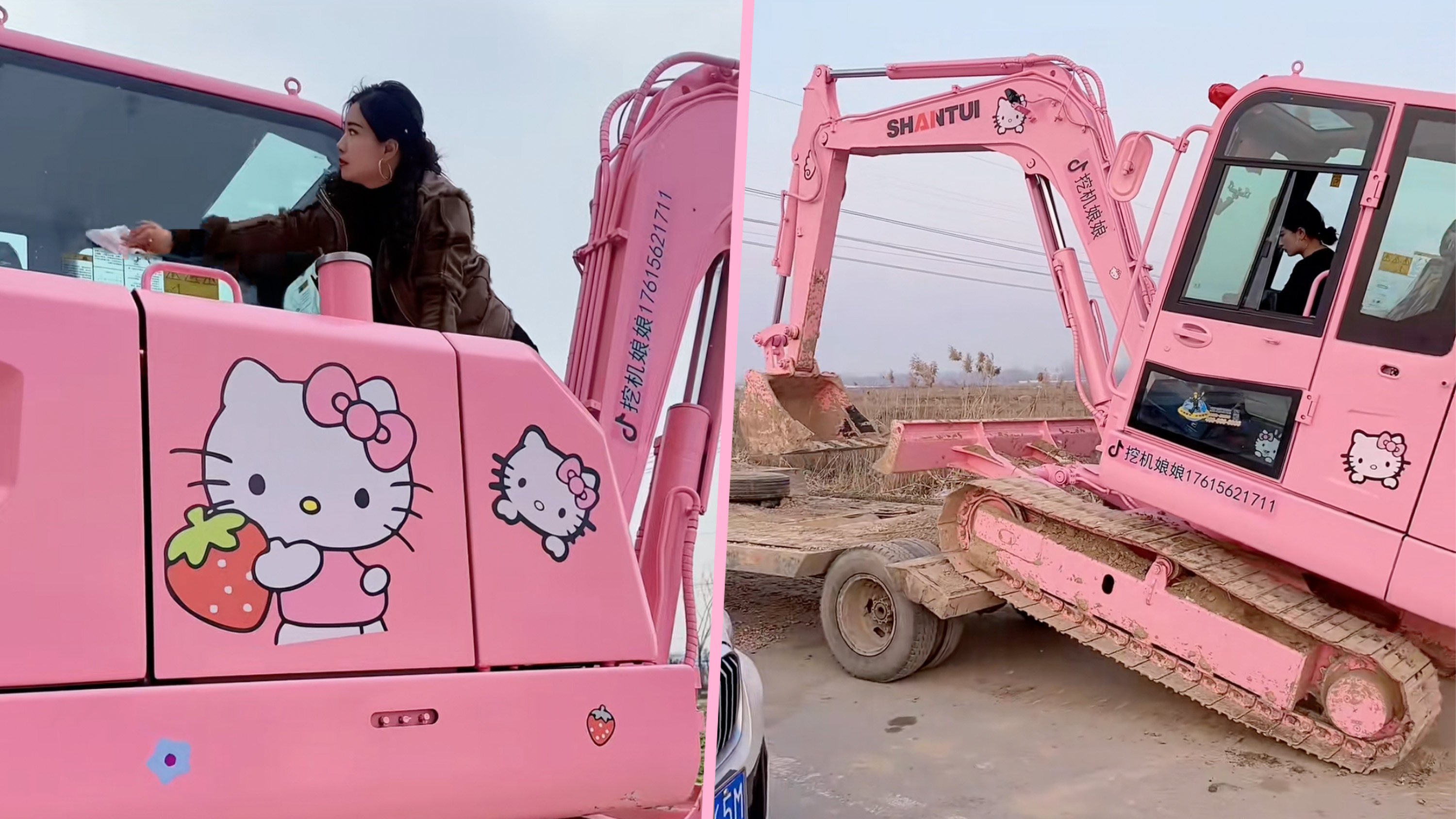 An excavator operator in China has painted her digger bright pink with Hello Kitty decorations, making it stand out on the construction site. Photo: Douyin