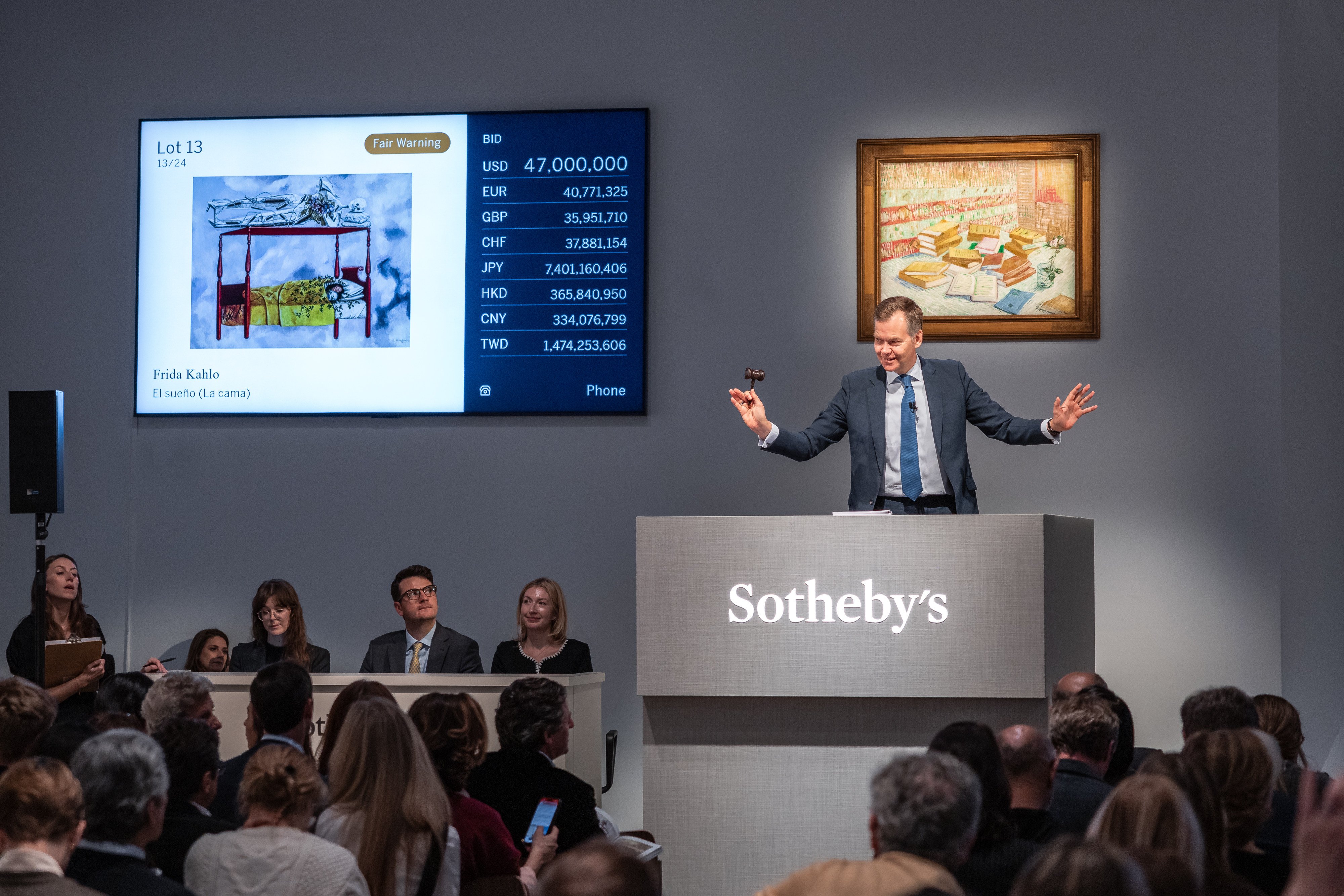Mexican artist Frida Kahlo’s 1940 work El sueño (La cama) sells at Sotheby’s new home at the Breuer in New York for US$54.7 million including fees on November 20, 2025. Photo: Julian Cassady
