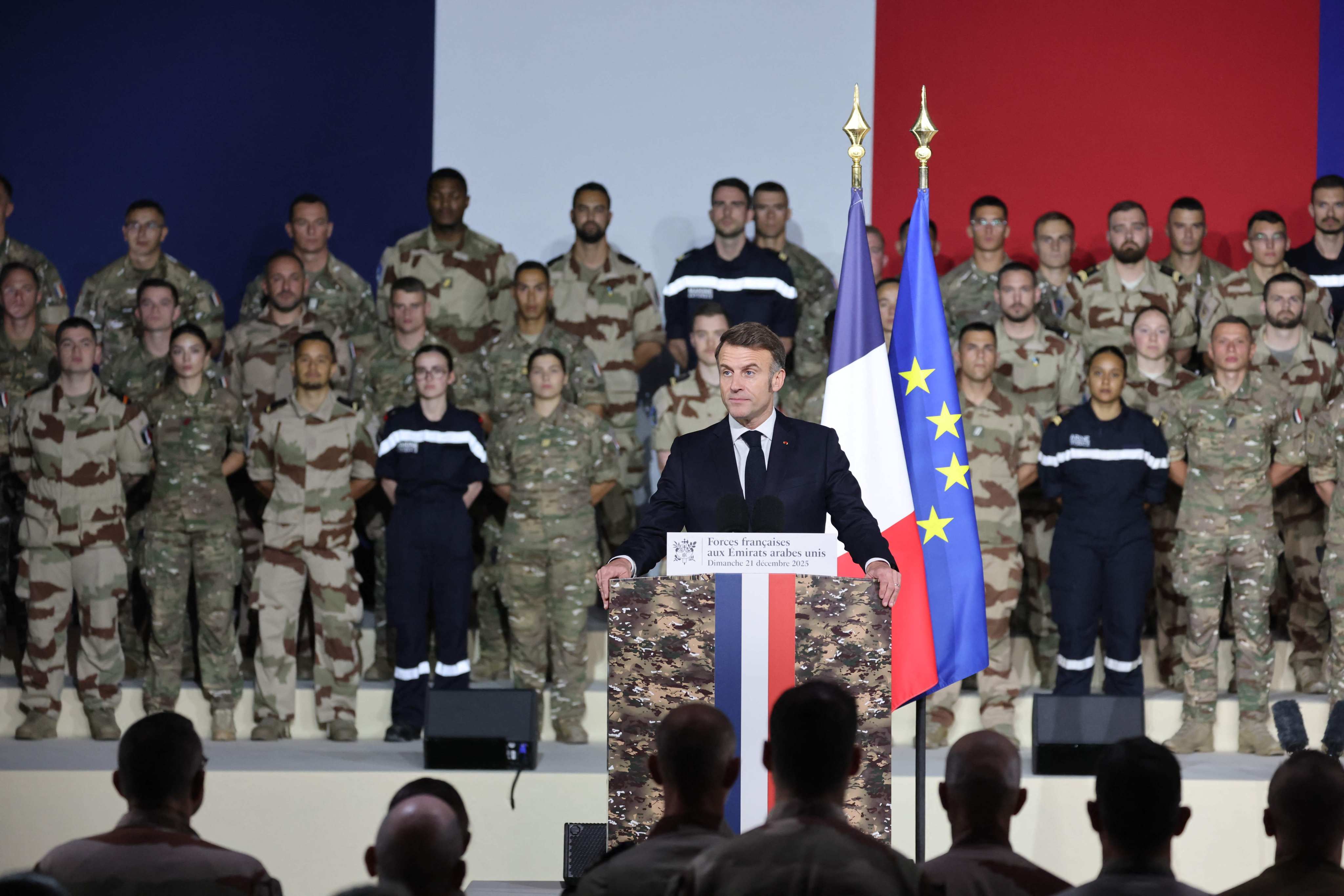 French President Emmanuel Macron addresses French troops during a ceremony at the 5th Cuirassier Regiment’s base in Zayed Military City, near Abu Dhabi, UAE on Sunday. Photo: AFP