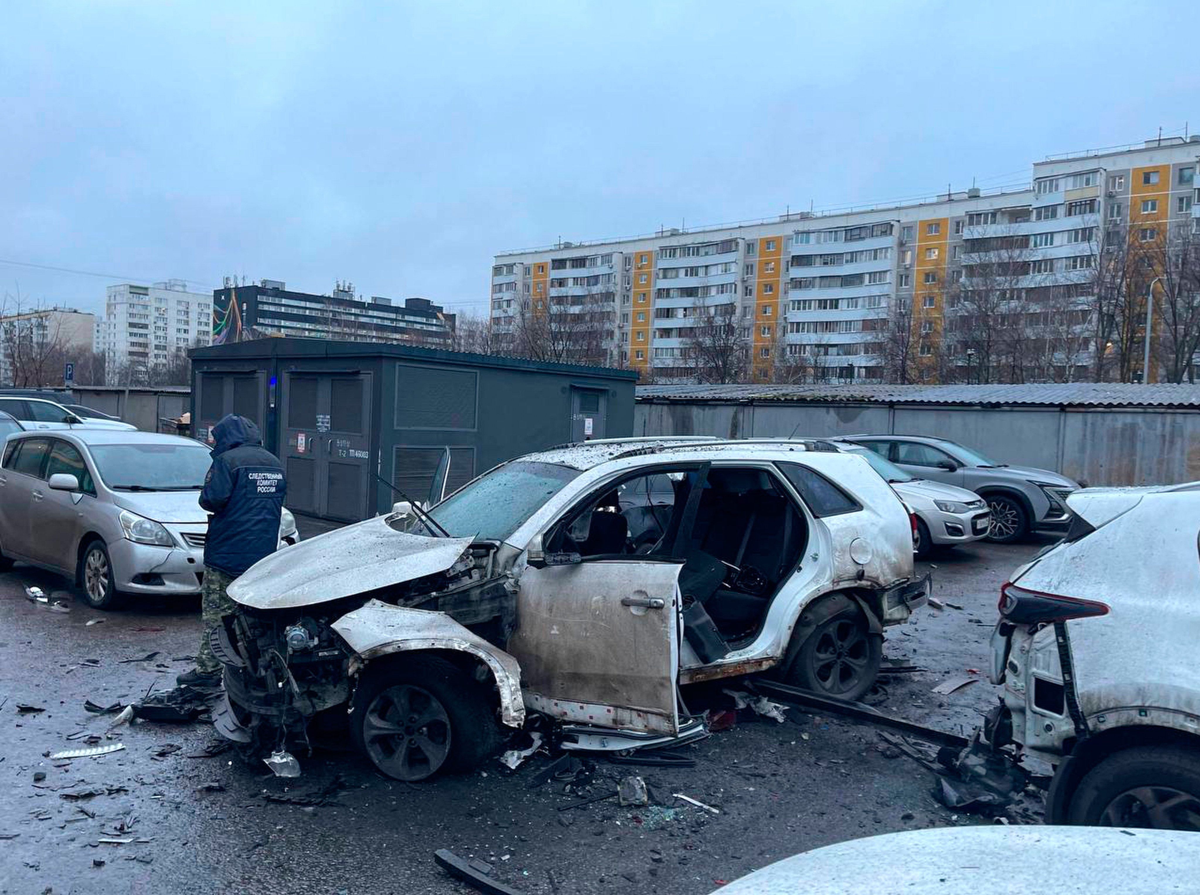 The aftermath of the car bombing that killed Lieutenant General Fanil Sarvarov. Photo: Russia’s Investigative Committee via Reuters