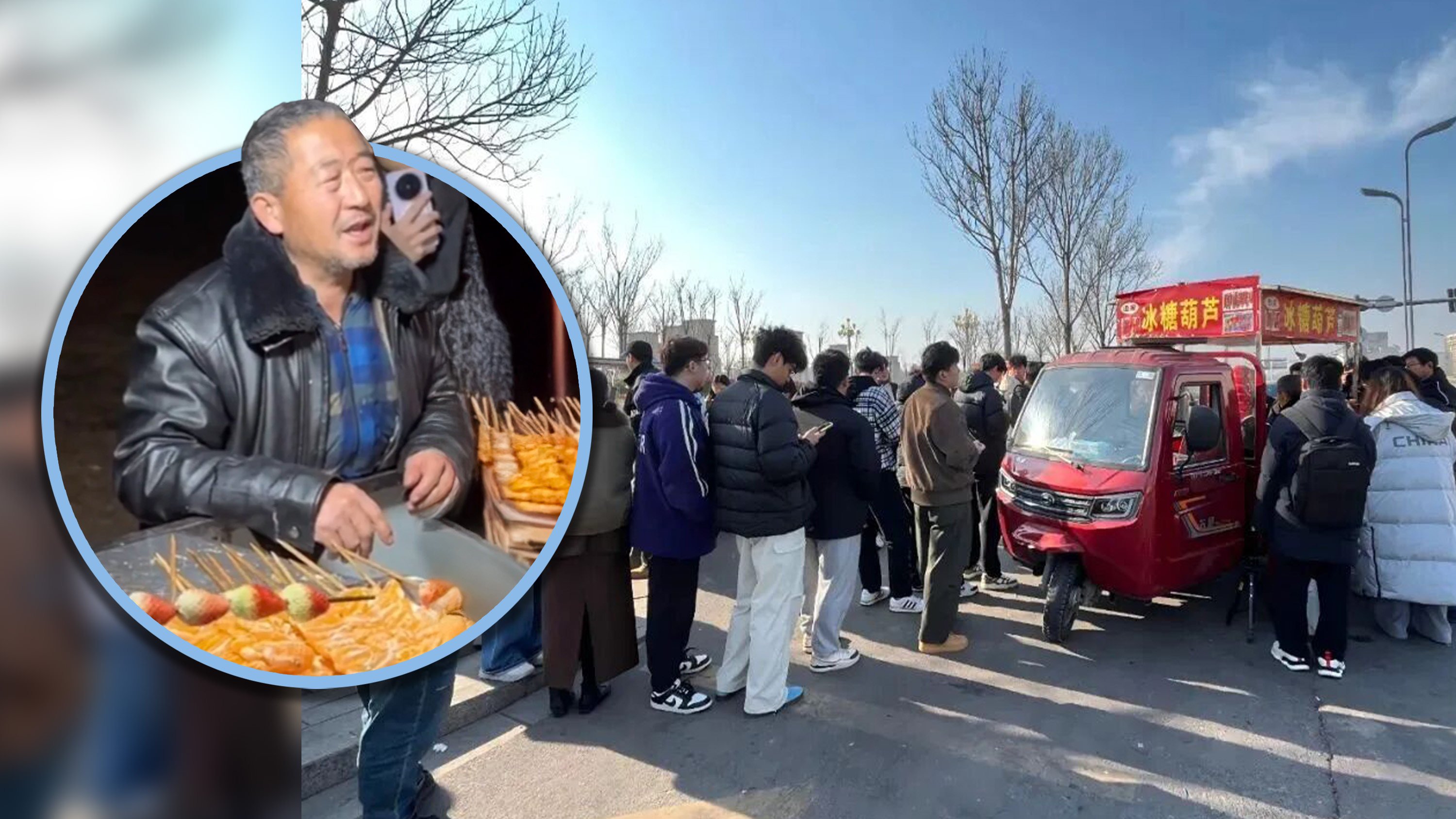Long queues have formed at a food stall in China in support of a vendor whose son died of cancer, leaving him with three young children. Photo: RedNote