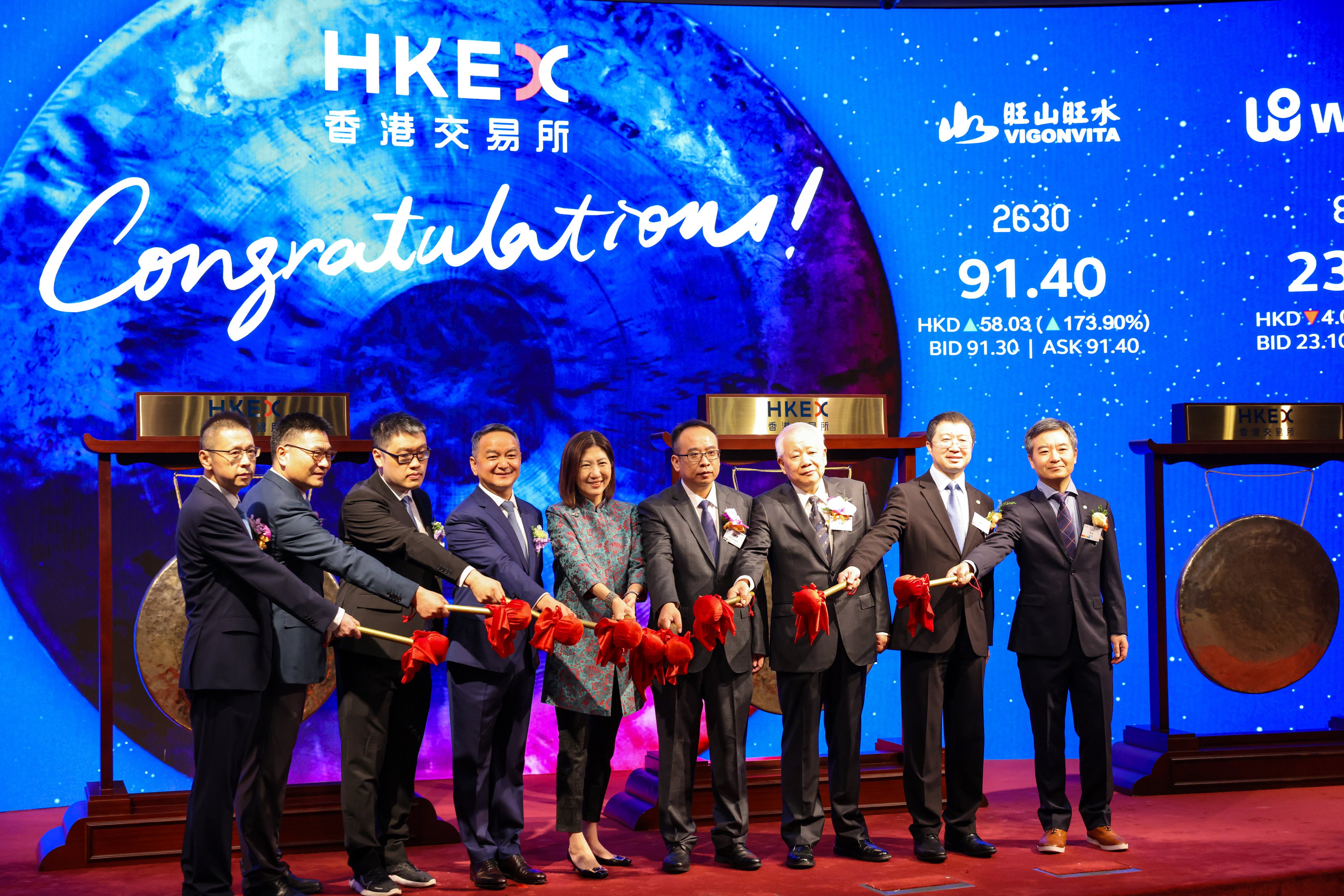 HKEX CEO Bonnie Chan Yiting with the senior management of Ningbo Joyson Electronic, Pony AI, Vigonvita Life Sciences and WeRide during these companies’ listing ceremony on November 6 this year. Photo: Nora Tam