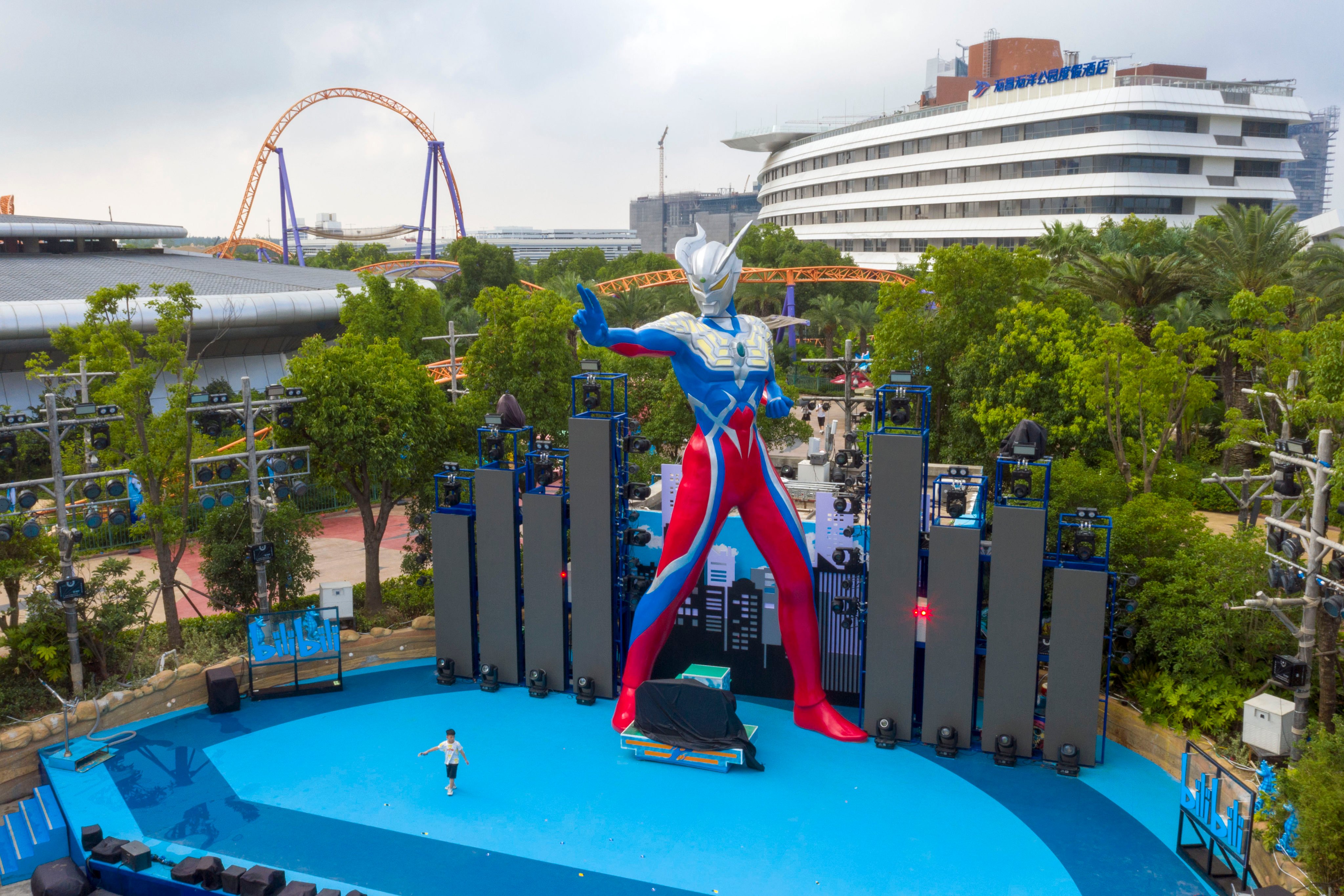 A 12-metre-tall sculpture of Ultraman Zero stands at an Ultraman-themed venue inside Shanghai Haichang Ocean Park in Shanghai in July 2022. Photo: Getty Images