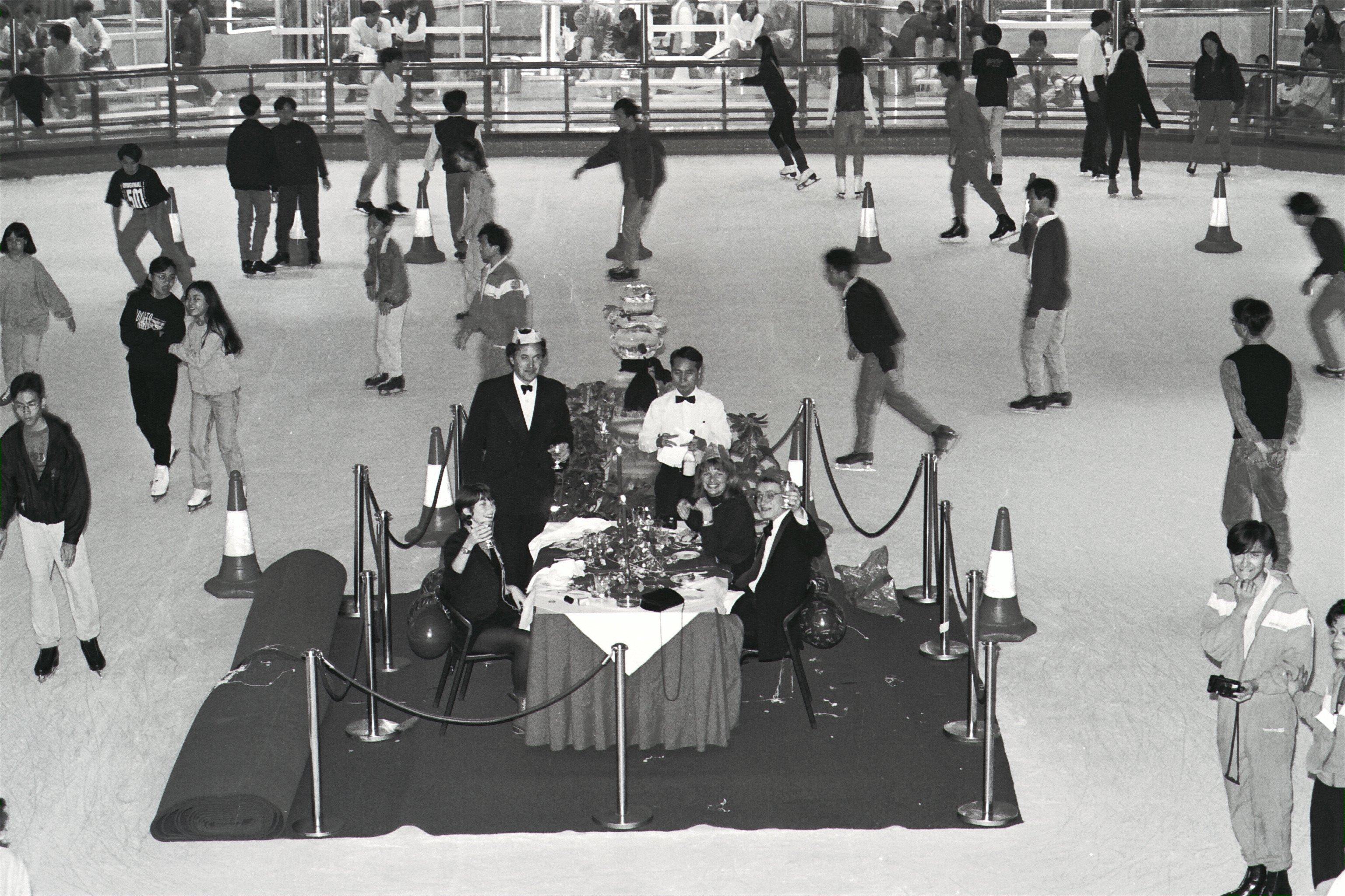 Staff members of trading firm FocalPoint International enjoying themselves in a special Christmas party held at the skating rink in Cityplaza in Hong Kong. Photo: SCMP Archives
