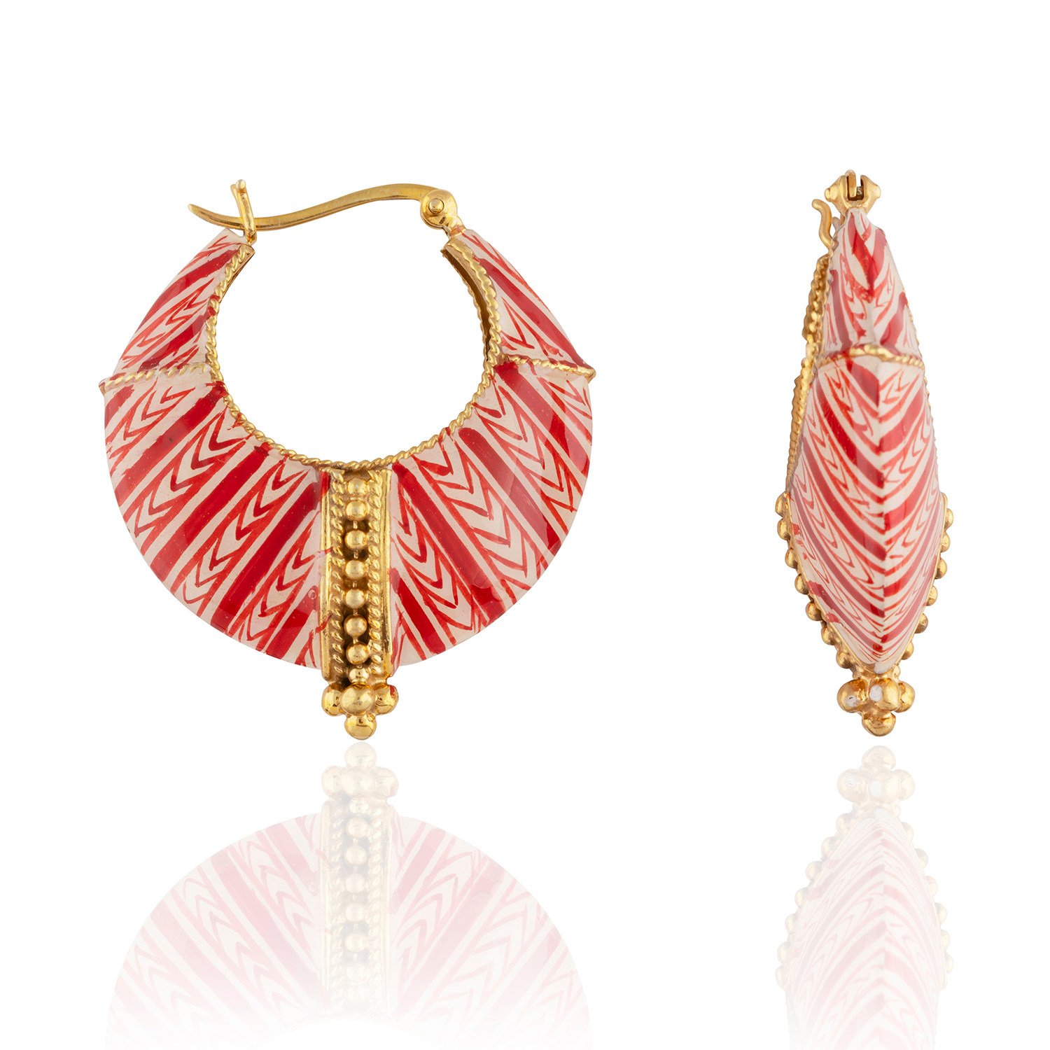 Red grid and chevron enamel heritage hoop earrings, on display at the Hong Kong Palace Museum till February 2026. Photo: Handout