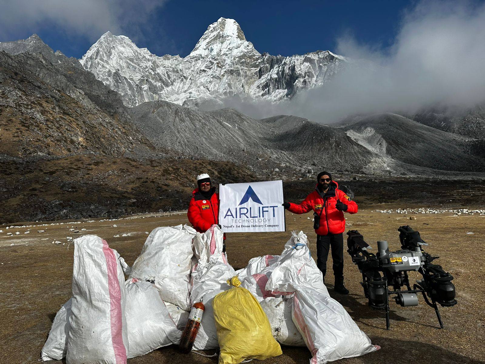 Waste collected by Airlift’s drone with Mount Ama Dablam, Eastern Himalayas, Nepal, in the back. Photo: Raj Bikram Maharjan
