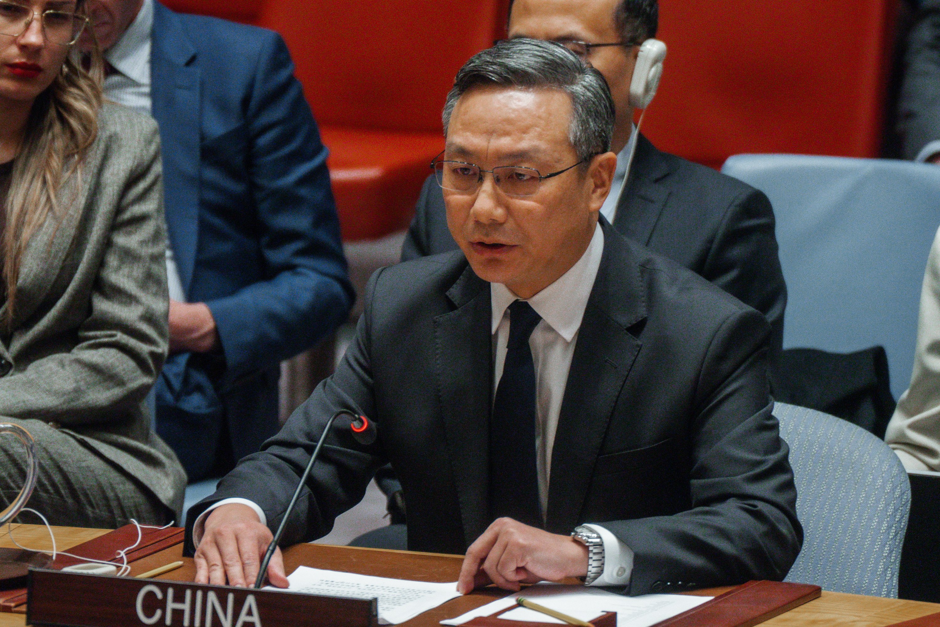 Sun Lei, China’s deputy permanent representative to the UN, speaks during a Security Council briefing on threats to international peace and security in New York on Tuesday. Venezuela requested a Security Council meeting, citing escalating tensions resulting from “US aggression” against the country. Photo: EPA
