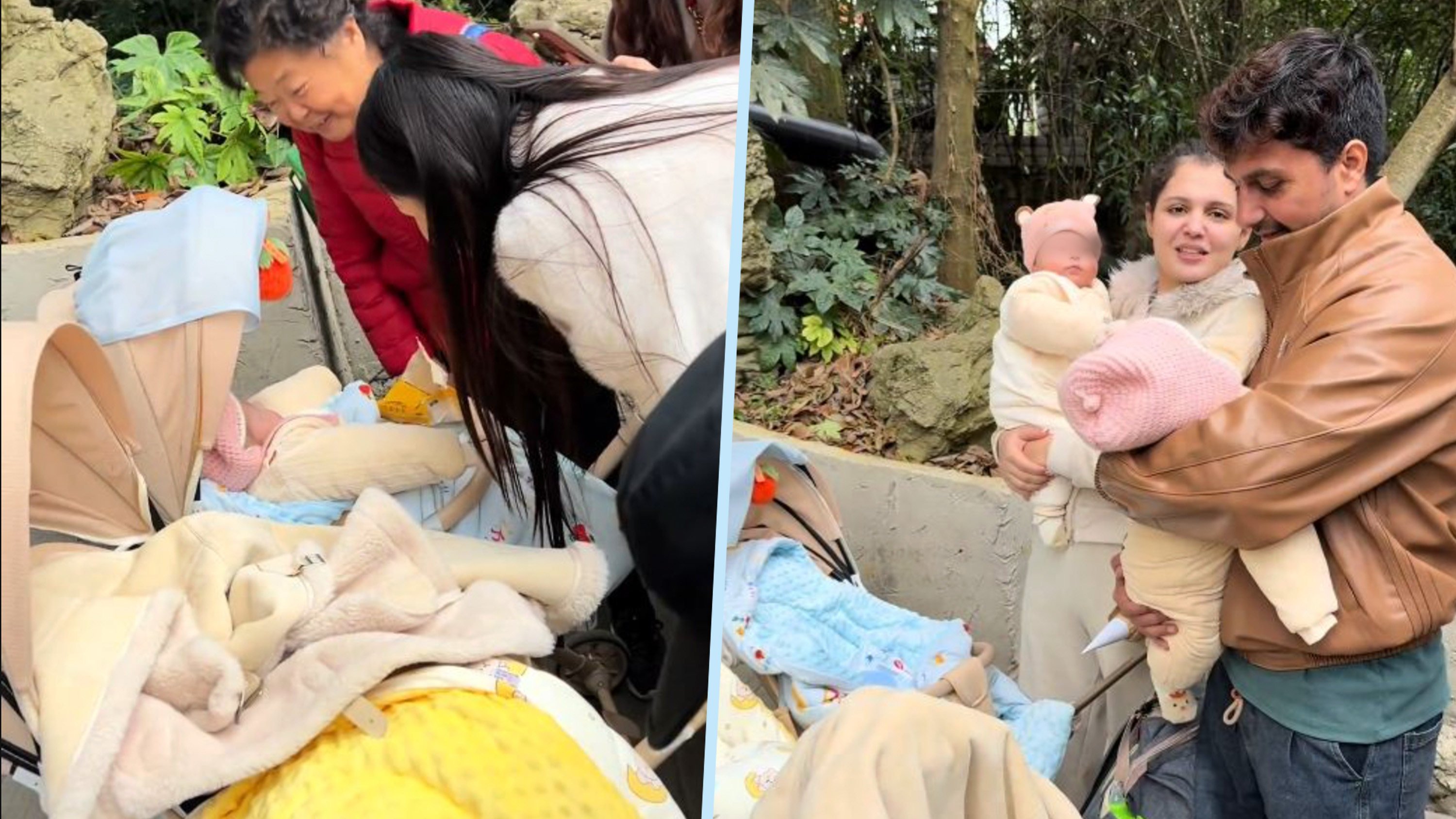 A foreign couple in China left their twin babies with a security guard at a tourist site to enjoy some time alone. Locals and tourists engaged with the infants, impressing many with their kindness. Photo: Douyin